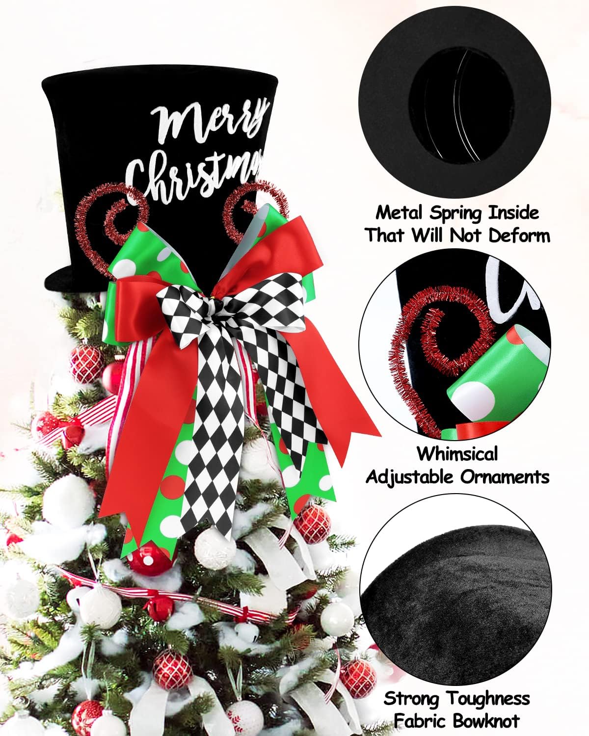 Merry Christmas Tree Topper Whimsical Top Hat with Check Bows Xmas Tree Ornament Winter Holidays Home Decoration Wreath Attachment Festive Gift Ideas Supplies