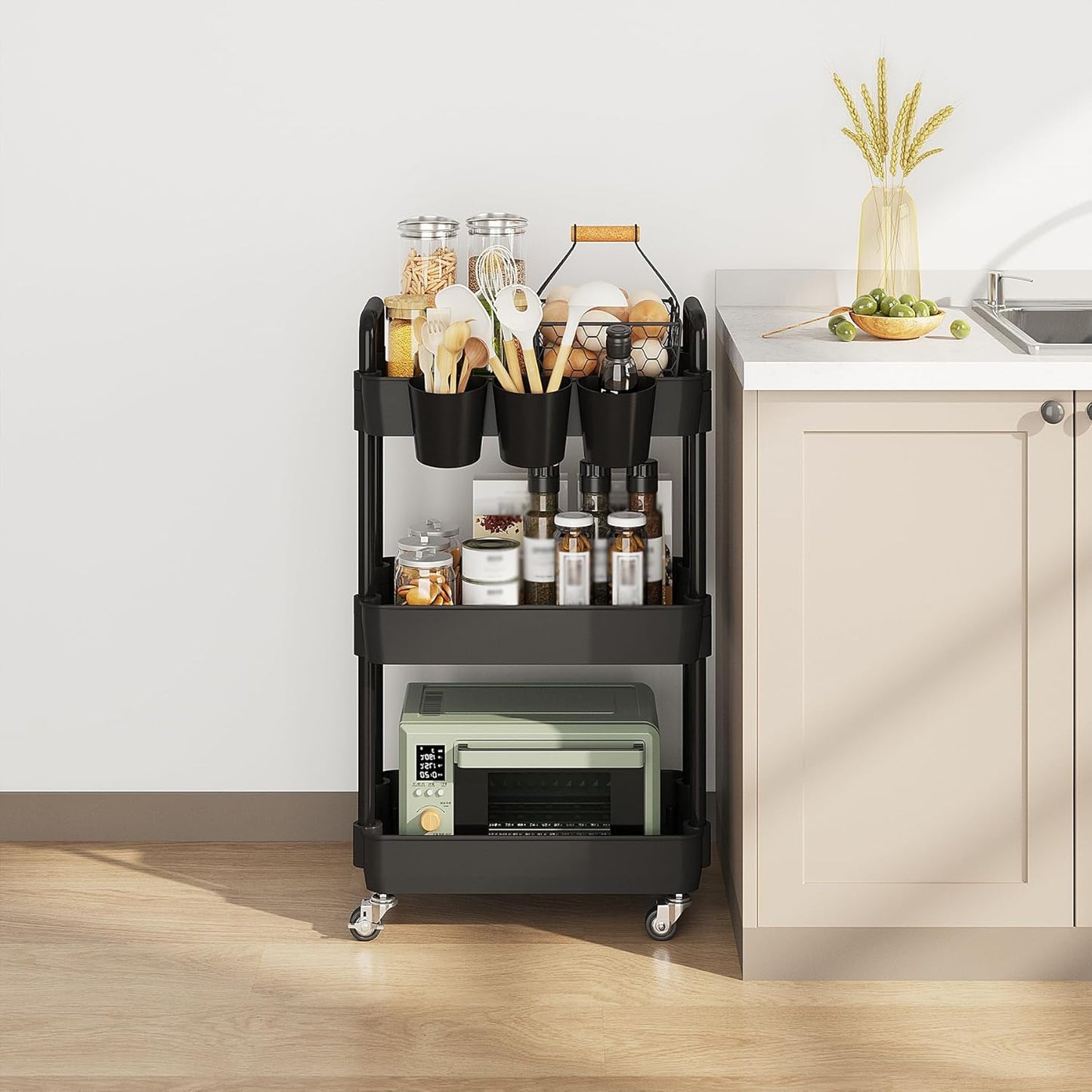 UDEAR 3-Tier Rolling Utility Cart,Multifunctional Storage Shelves with Handle and Lockable Wheels for Room,Office,Kitchen,Bathroom,with 3 Hanging Cups,Black