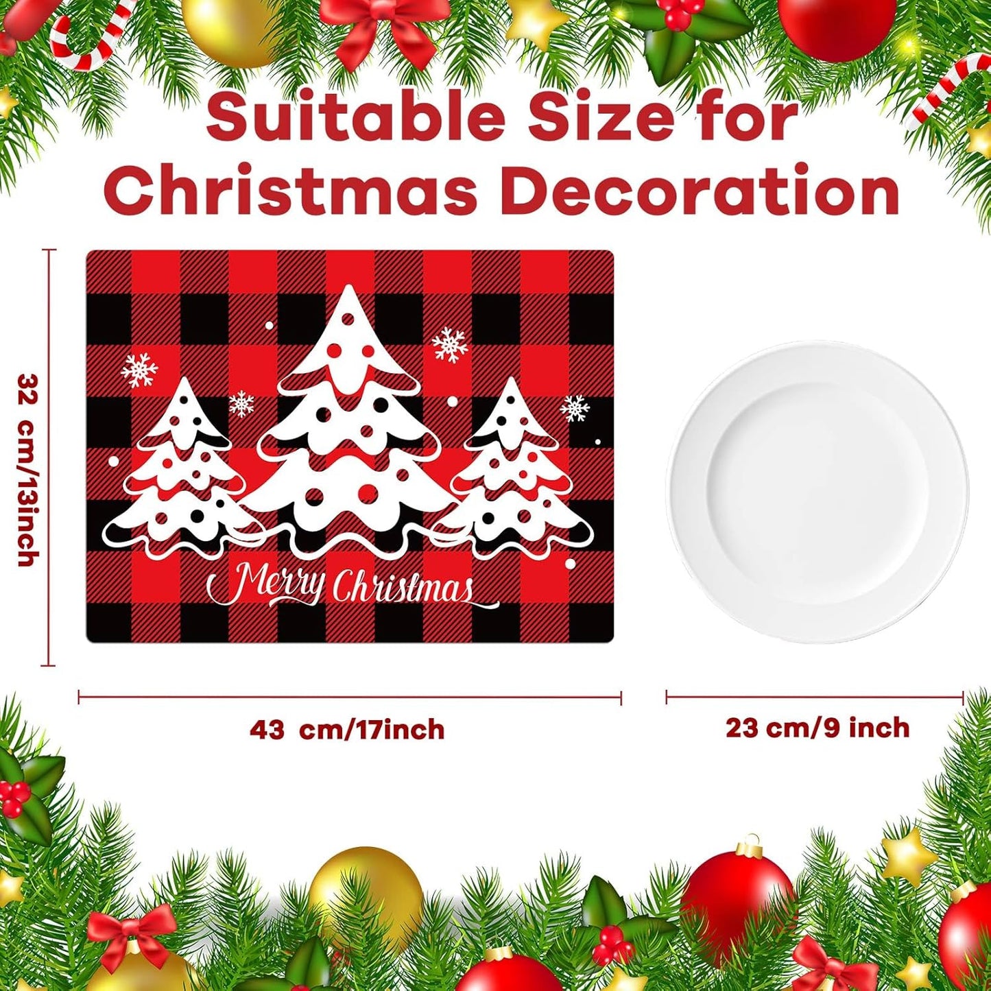 Christmas Placemats Set of 6 Red and Black Plaid Table Mats Plastic Xmas Recyclable Place Mats Washable Holiday Table Decoration for Indoor Outdoor Christmas Party Kitchen Dining