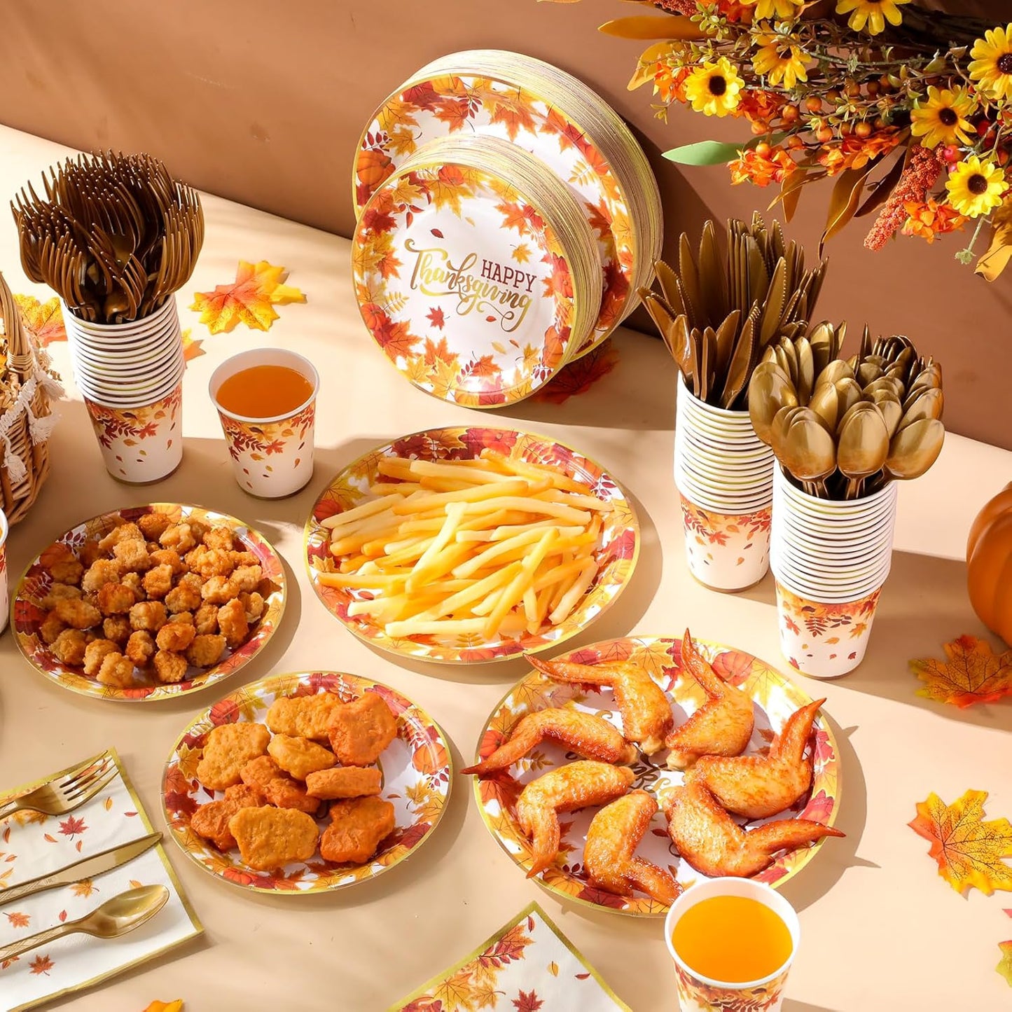 350 Pcs Thanksgiving Fall Party Supplies Maple Leaf Dinnerware Set Disposable Plates Napkins Paper Cups Plastic Cutlery for Autumn Thanksgiving Harvest Party Decor Serves 50(Maple Leaf)