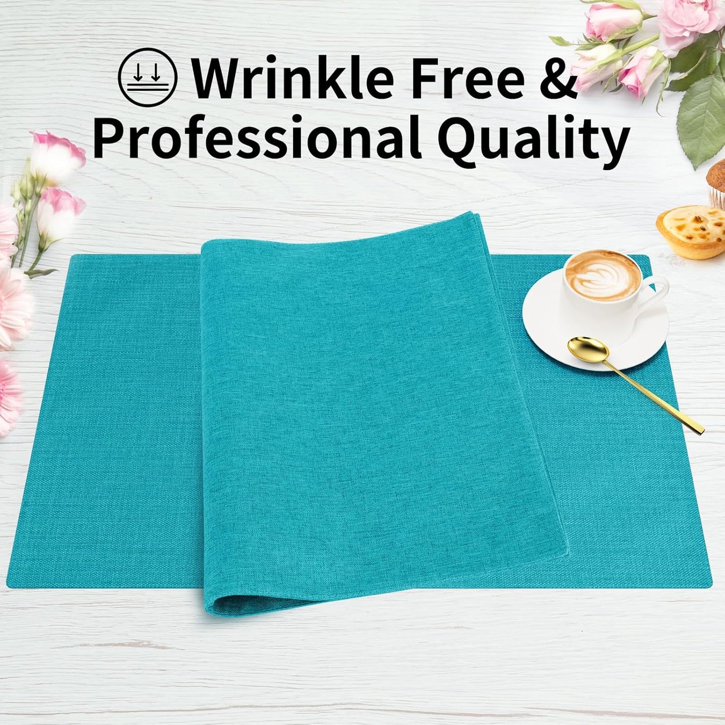 Cloth Placemats, Set of 4 Heat-Resistant Cotton Linen Blend Double Layered Machine Washable Place Mats, Wrinkle Free Thick Fabric Dining Table Mats for Indoors & Outdoors (Teal, 4)