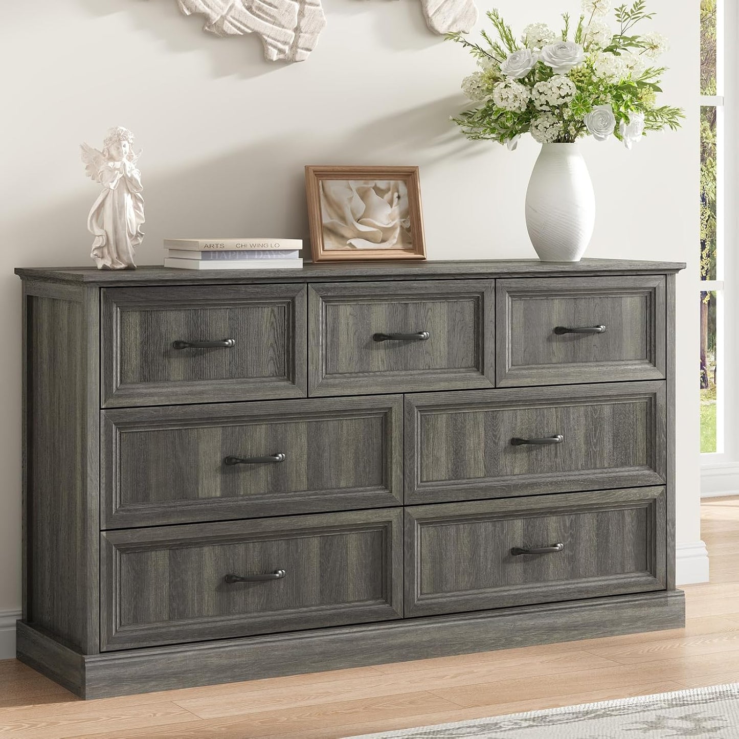 Farmhouse 7 Drawer Dresser for Bedroom, 55 Inch Wide Modern Grey Dresser TV Stand with Large Drawers & Bar Handles, Rustic Wood Chest of Drawers for Bedroom, Living Room, Hallway, Entryway.