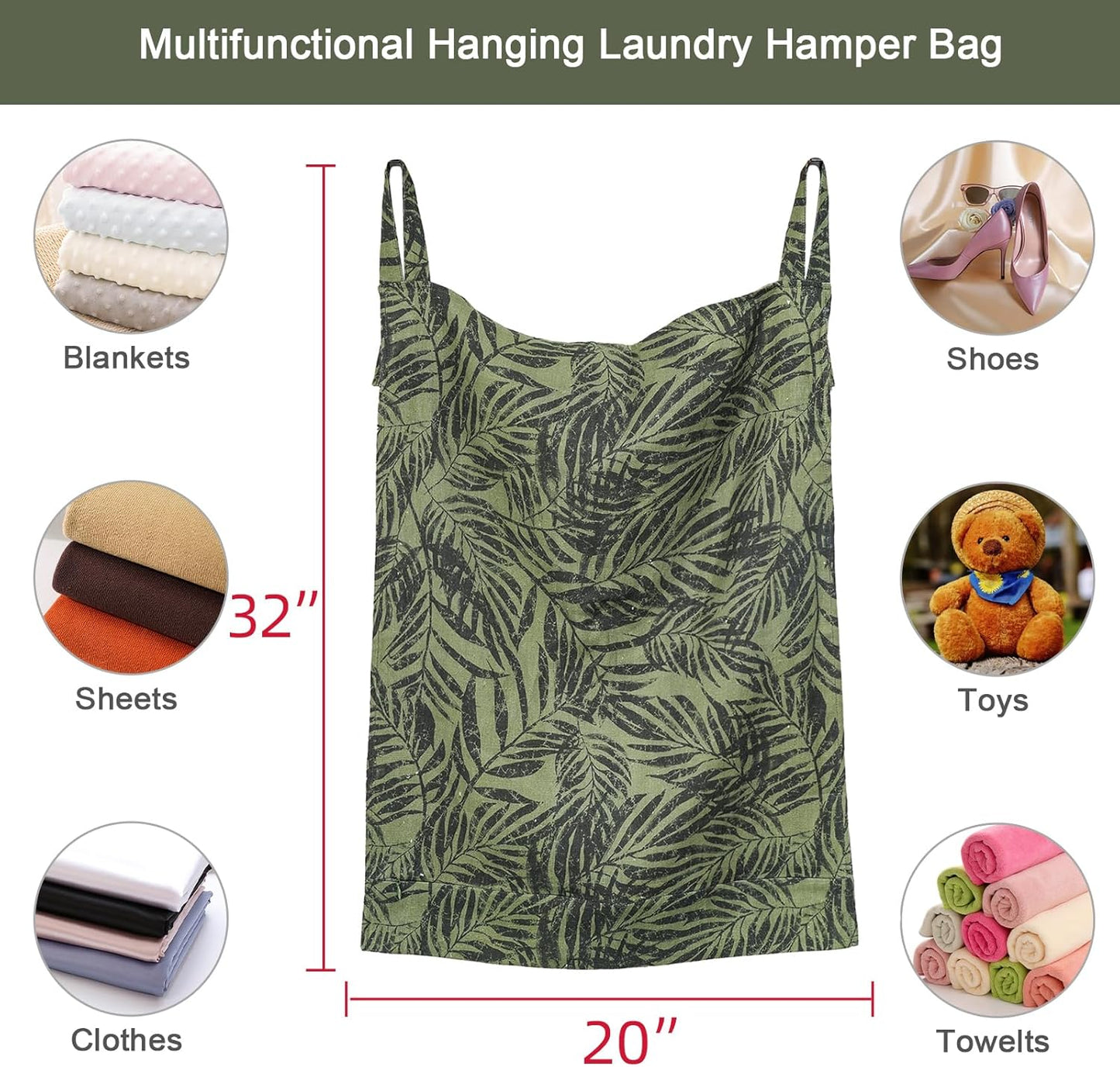 Linen Hanging Laundry Bag, 100% Linen Leaf Print Over The Door Laundry Hamper with Buttons and Zipper, Space Saving Door Hampers for Laundry Dirty Clothes Home Travel, Green, 19.7x27.5inches