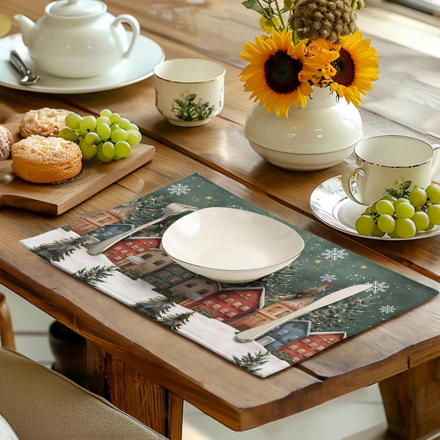 Christmas Placemats 12x18 Inch Set of 4, Winter Xmas Tree Wonderland Forest Village Town House Snowflake Linen Table Mats Washable Place Mats for Party Kitchen Dining Outdoor Indoor Decor