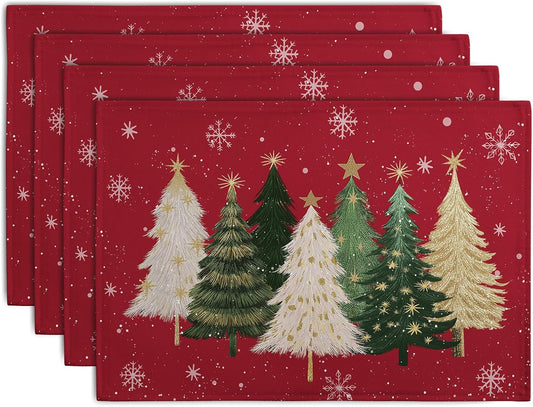 Red Christmas Tree Placemats Set of 4, 12x18 Inch Xmas Trees Snowflakes Winter Holiday Place Mats Seasonal Washable Linen Table Mat for Indoor Outdoor Kitchen Dining Party Decor