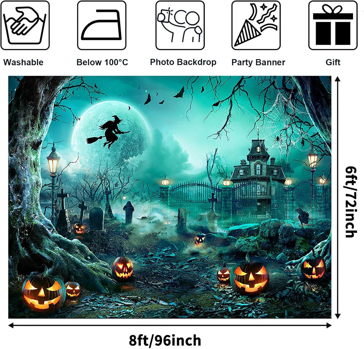 Avezano Halloween Photography Backdrop Full Moon Scary Night Castle Pumpkins Party Background Spooky Witch Bats Cemetery Child Kids Halloween Party Decorations Photoshoot Backdrops (8x6ft, Green)