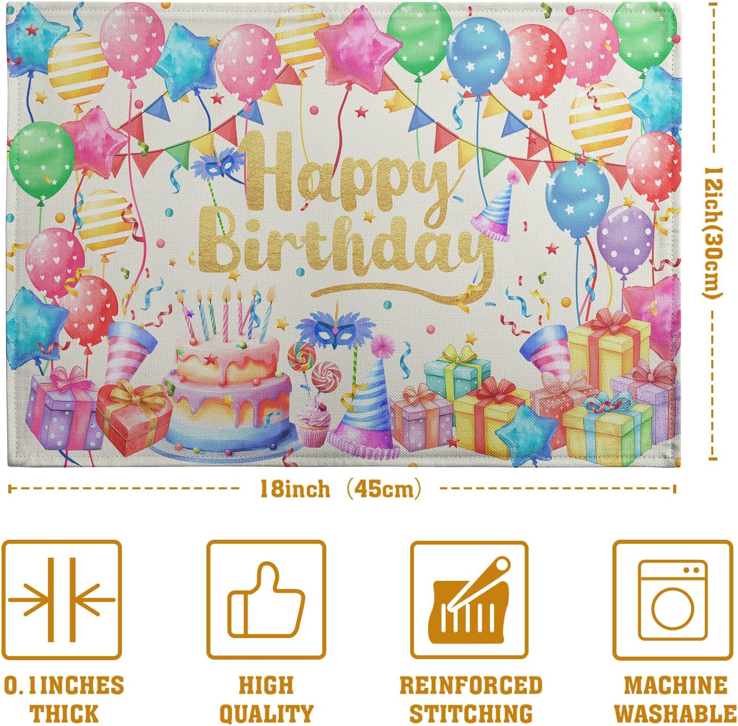 Happy Birthday Placemats Set of 4 Colorful Balloons Confetti Cake Linen Table Mats 12x18 Inch Birthday Party Place Mats for Kitchen Dining Outdoor Indoor Decorations
