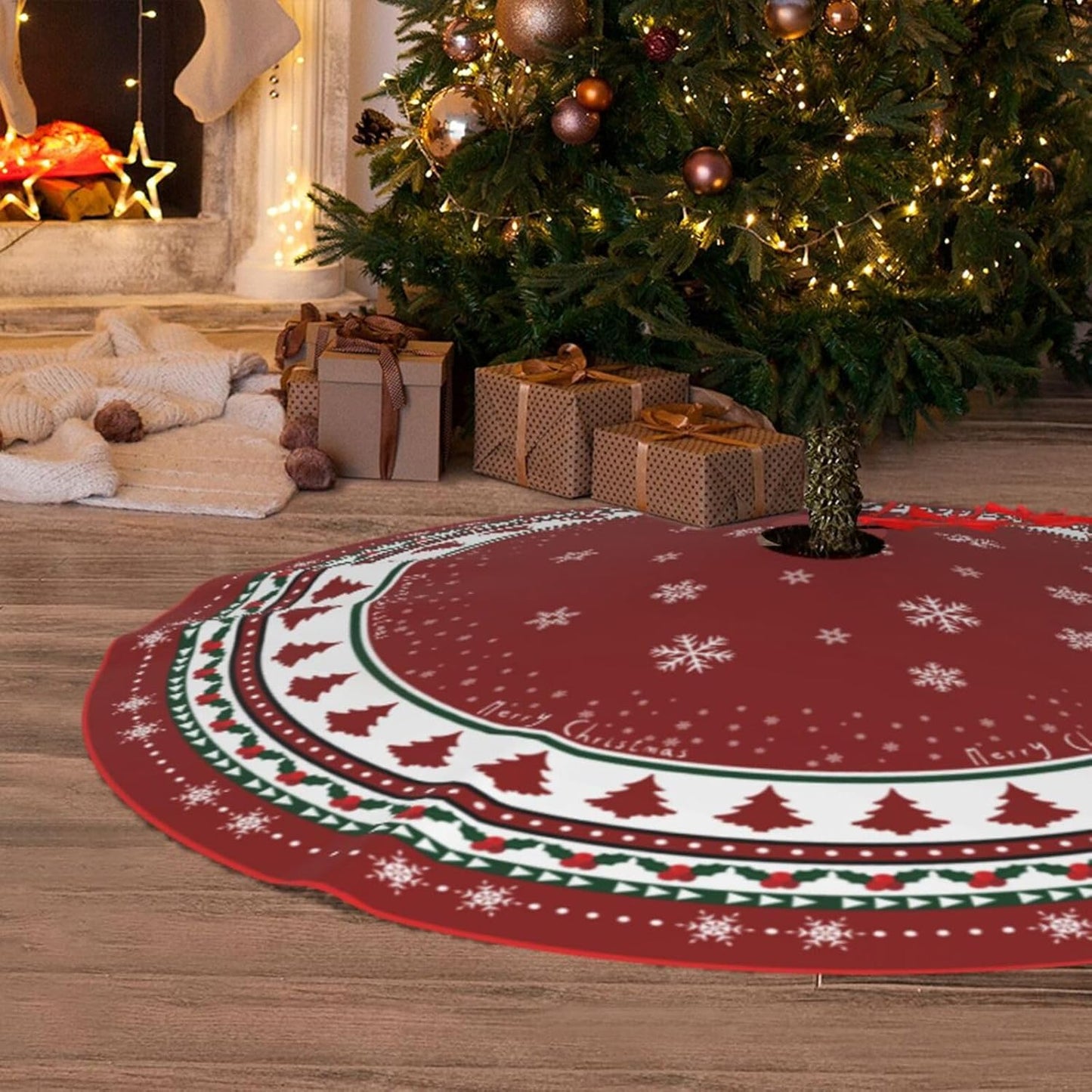 Christmas Tree Skirt 48 Inches, Red and Green Xmas Tree Mat with Winter Snowflake for Christmas Decorations Holiday Party Indoor Outdoor Home Decor (Red and Green)