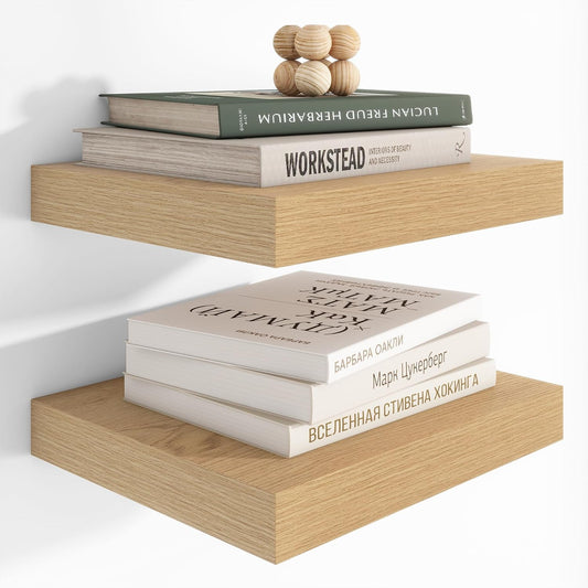 Heimlove 12 Inch Deep Floating Shelves, 12 x 12 inches Long Wall Shelf, Large Extra Display Shelf & Storage Shelf, Rustic Wood Wall Shelves for Fireplace Mantel, Oak - 2Pack