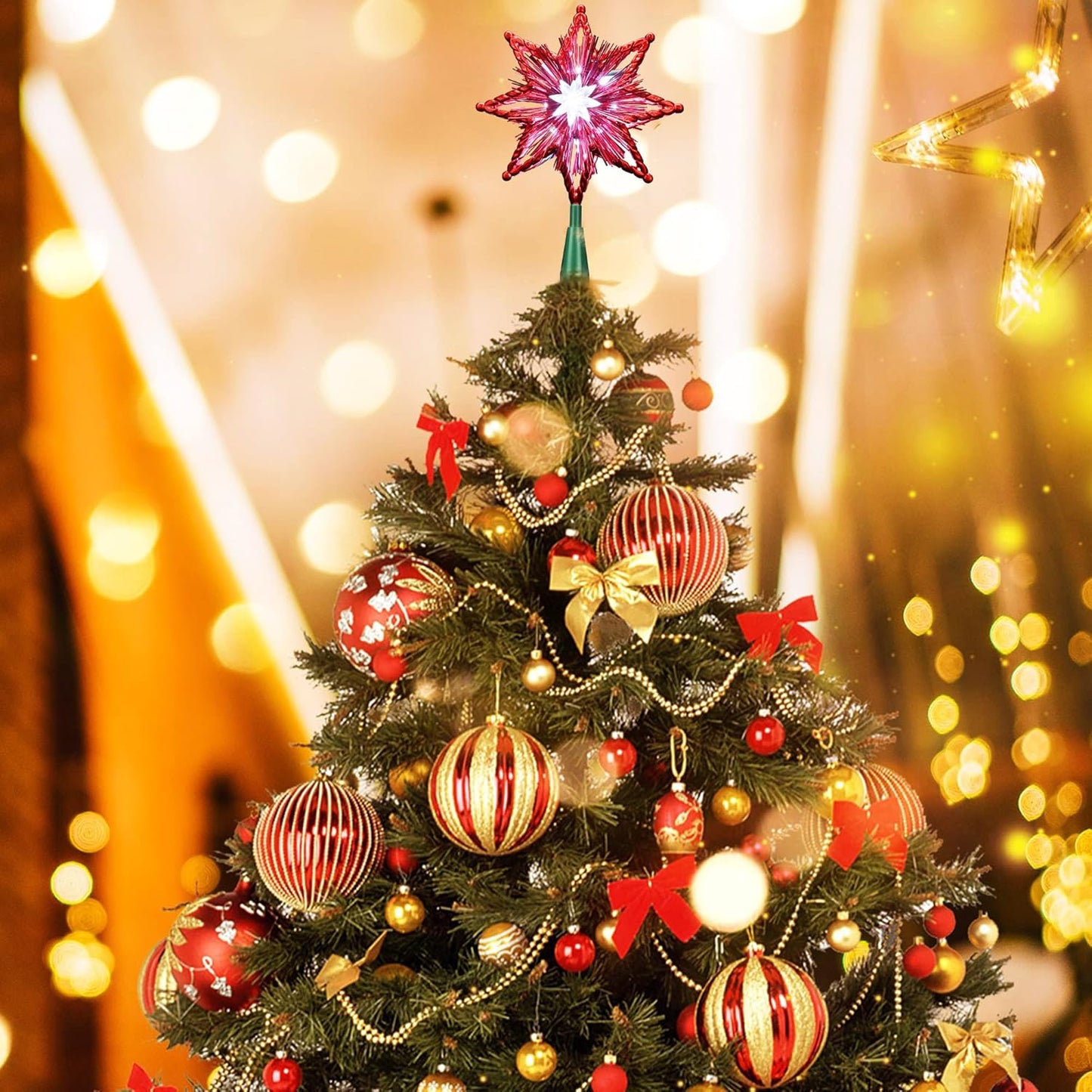 ODEETRONIC Christmas Tree Topper Lights, 8in 120V UL Certified Double Sided 8-Point Christmas Star Treetop, Plug in Indoor Xmas Tree Star-top for Christmas Tree Home Holiday Party Wedding Decor, Red