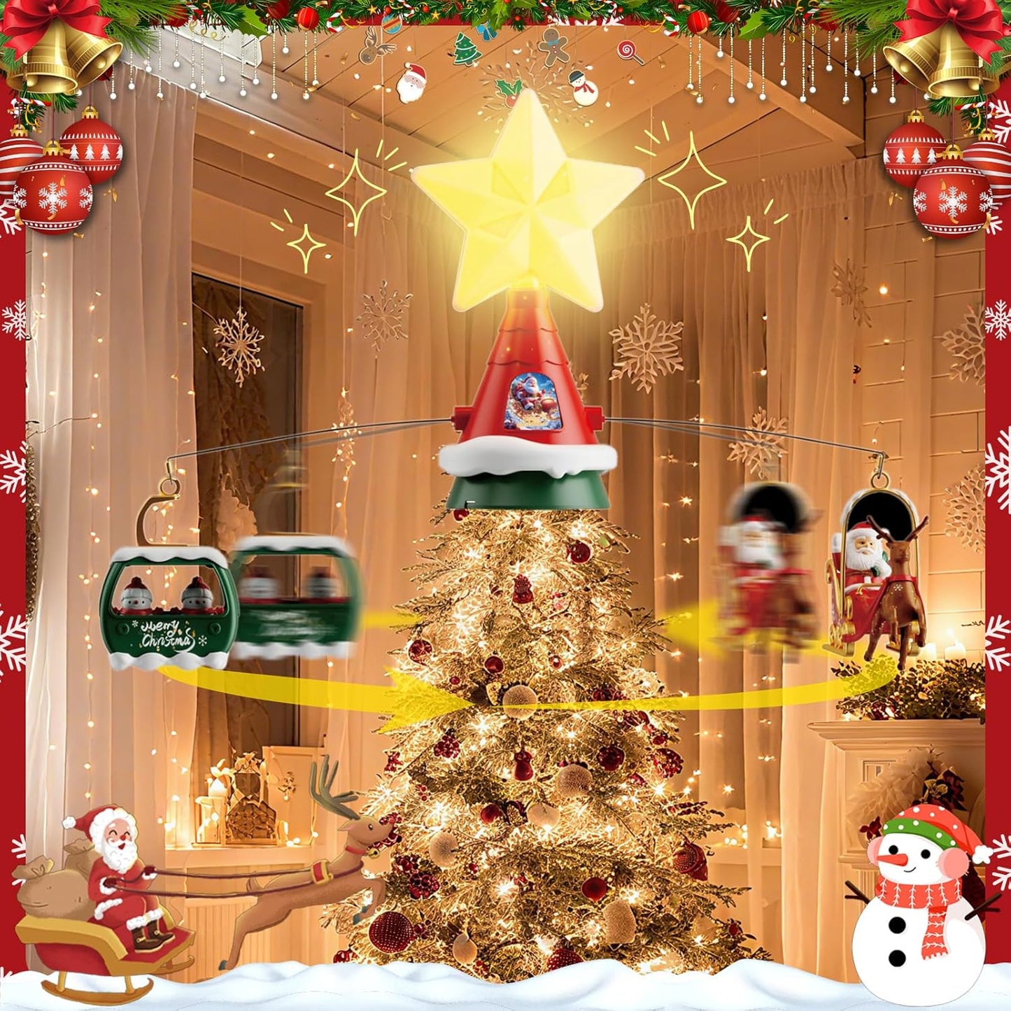 Musical Rotating Christmas Tree Topper with LED Star Light, Santa Sleigh and Cable Car Decorations, USB Powered