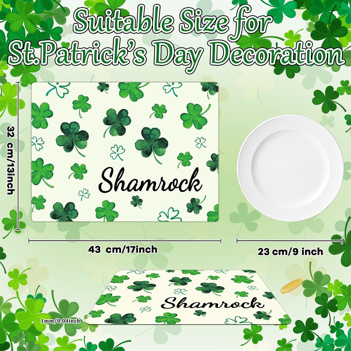 St. Patrick's Day Placemats Set of 6 Reusable Lucky Shamrock Plastic Table Mats Easy Clean Clover Place Mats Wipeable Spring Irish Table Decoration for Indoor Outdoor Party Kitchen Dining