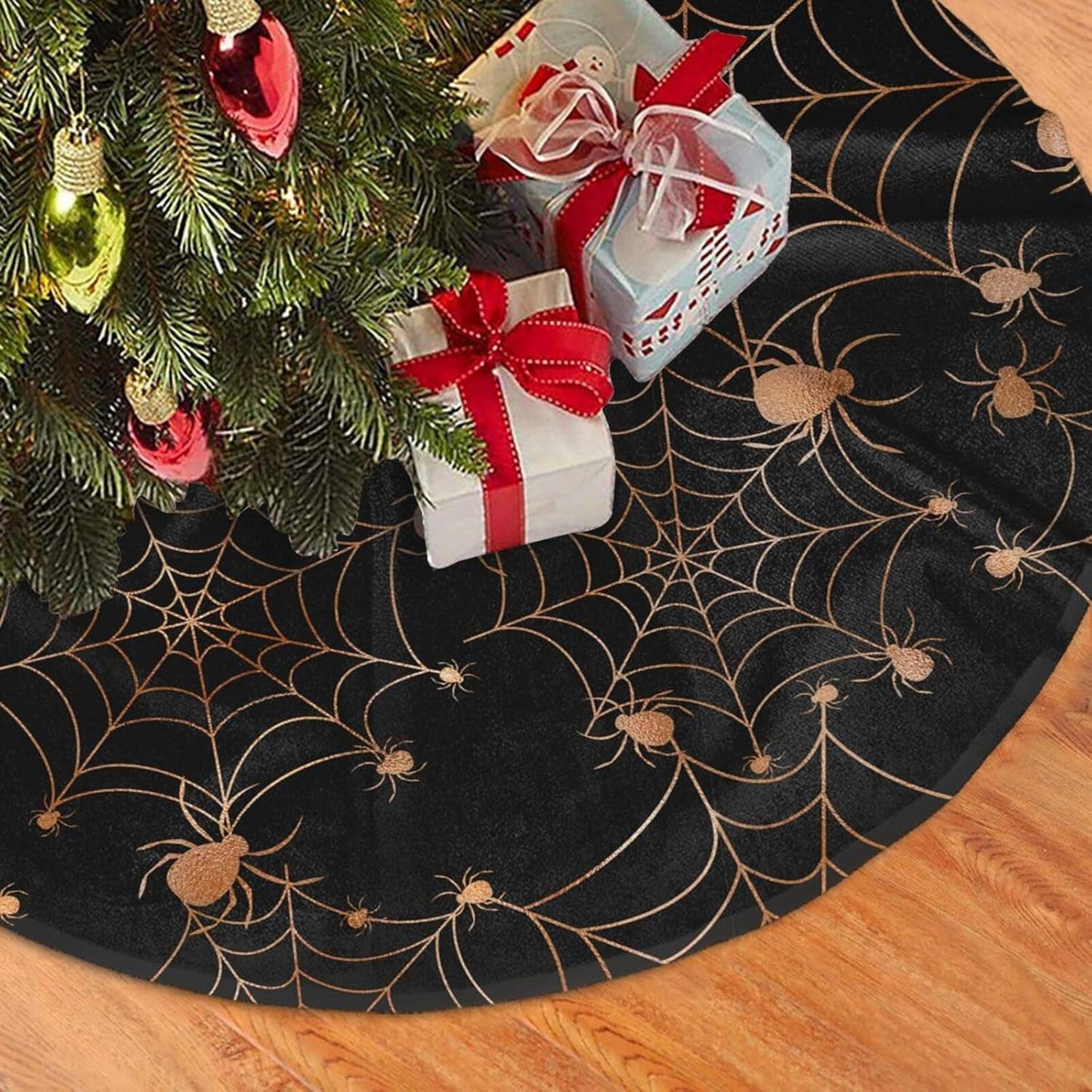 Christmas Tree Skirt,Gold Spider Web Xmas Tree Skirt Rustic Farmhouse Tree Skirt for Christmas Decor Xmas Holiday Home Party Decorations36
