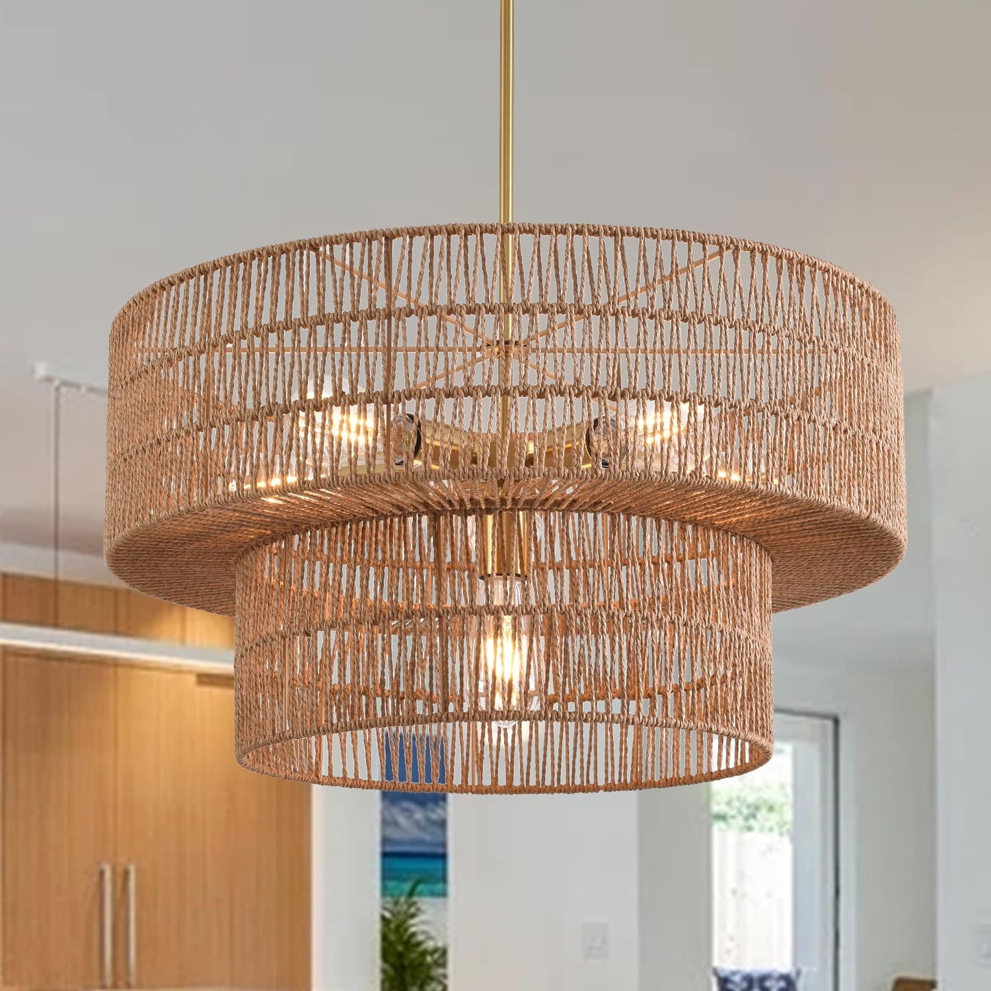 23.62" 6-Light Rattan Farmhouse Chandelier, Boho Large Pendant Light, Large Wicker Chandelier Light Fixtures, Hand Woven Chandeliers, for Dining Room