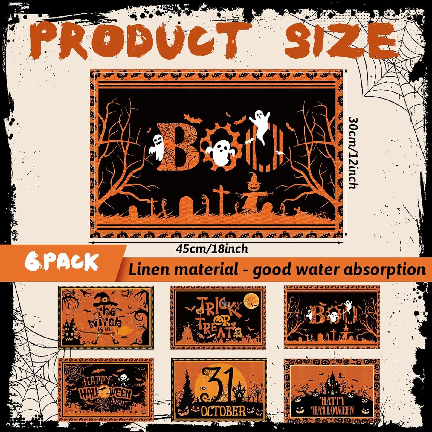 Umigy 6 Pcs Halloween Placemats 12"x18" Gothic Bat Placemats Kitchen Decoration Washable Witch Place Mats Rectangle Skull Table Mats for Halloween Dining Table Accessories(Black Orange Style)