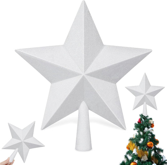 Christmas Tree Topper Star, 10 in White Christmas Tree Decorations, Hard Star Tree Topper Xmas Decorations Glitter Christmas Ornament for Holiday Home Xmas Party Decor Festival Gathering Ornament