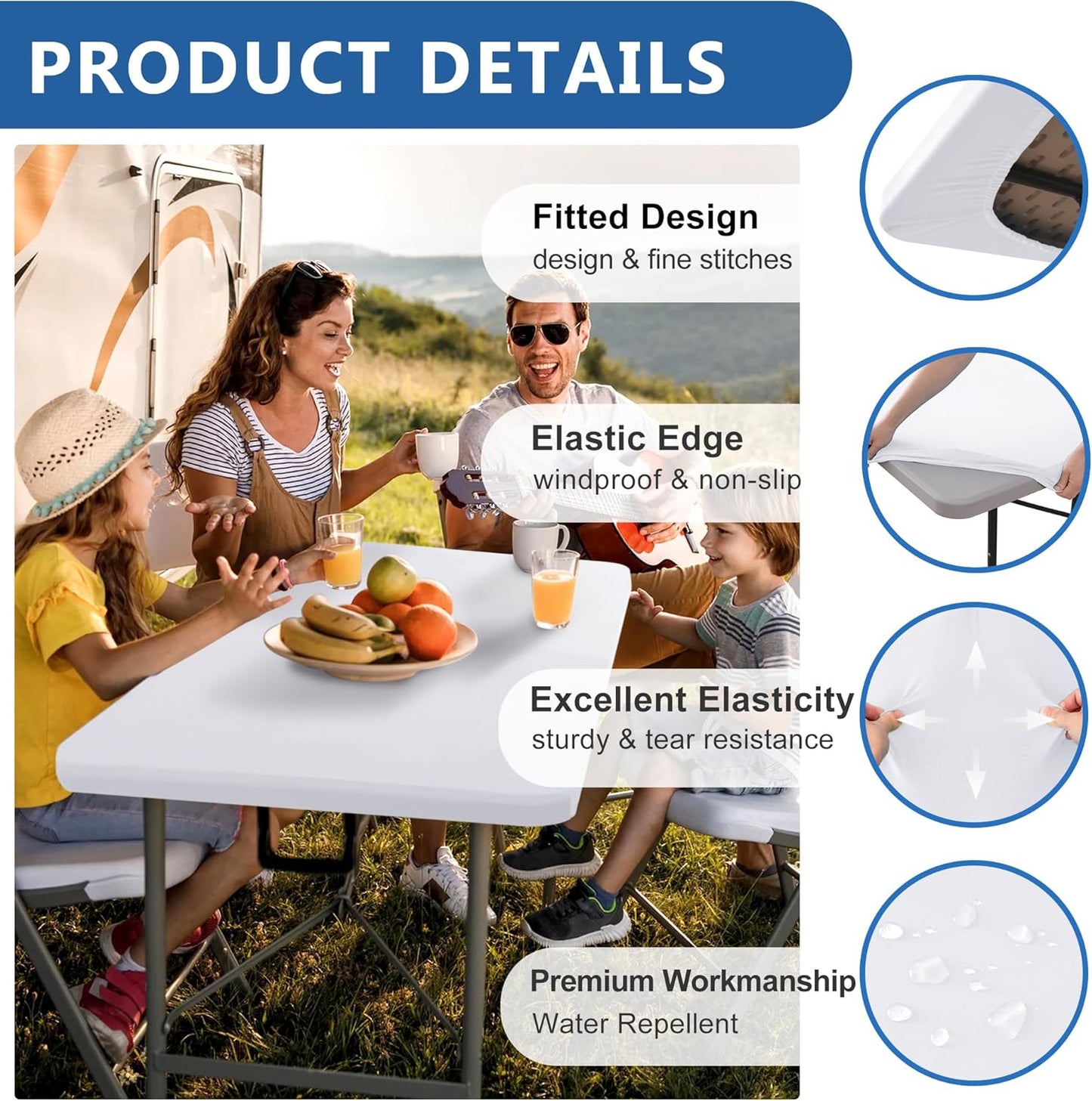 Fitted Tablecloth for 6 Foot Rectangle Tables-4 Pack White Elastic Outdoor Picnic Table Cover-Spandex Stretch Folding Table Cloths 6 ft for Camping Dining Room Patio Kitchen Banquet Party