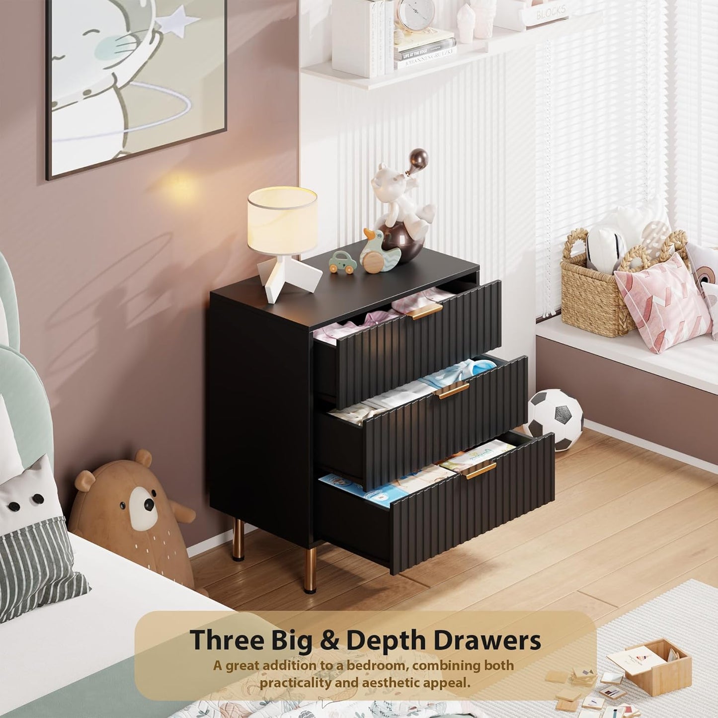 3 Drawer Dresser for Bedroom, Fluted Modern Nightstand with Deep Drawers, Chest of Drawers with Wide Top, Wooden Dresser Organizer, Side Table for Living Room, Hallway, Kids Room, Black