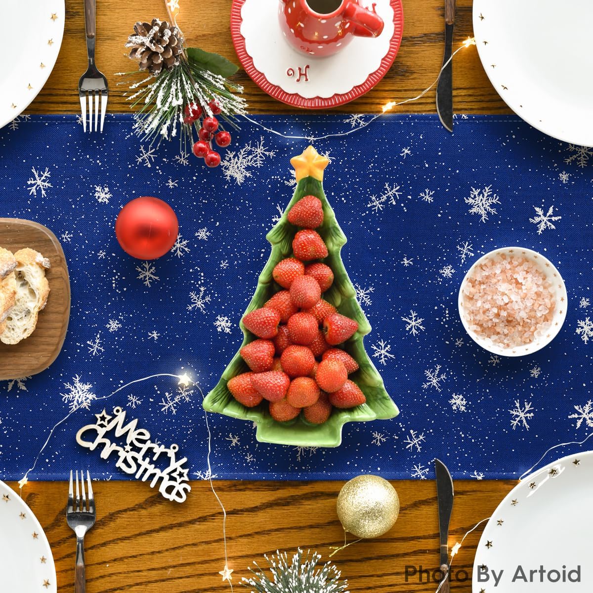 Artoid Mode Snowman Birds Trees Christmas Table Runner, Seasonal Blue Winter Holiday Kitchen Dining Table Decoration for Indoor Outdoor Home Party Decor 13 x 48 Inch