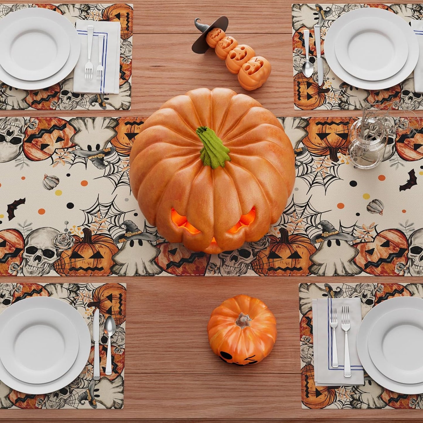XCHI Spooky Skeleton Ghost Pumpkin Halloween Table Runner Party Table Decoration for Home Kitchen Dining Holiday Decor 13x120 Inch