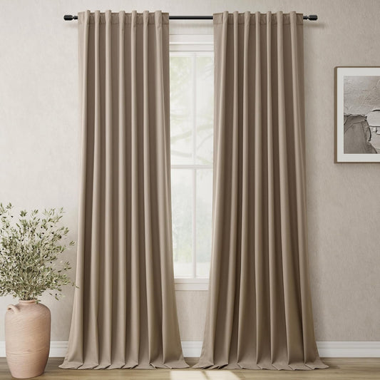 BOODII 100 Inch Blackout Curtains 2 Panels Set Back Tab Thermal Insulated Light Brown Linen Textured Black Out Curtains Noise Reducing Neutral Living Room Darkening Window Drapes Pleated Look 52x100
