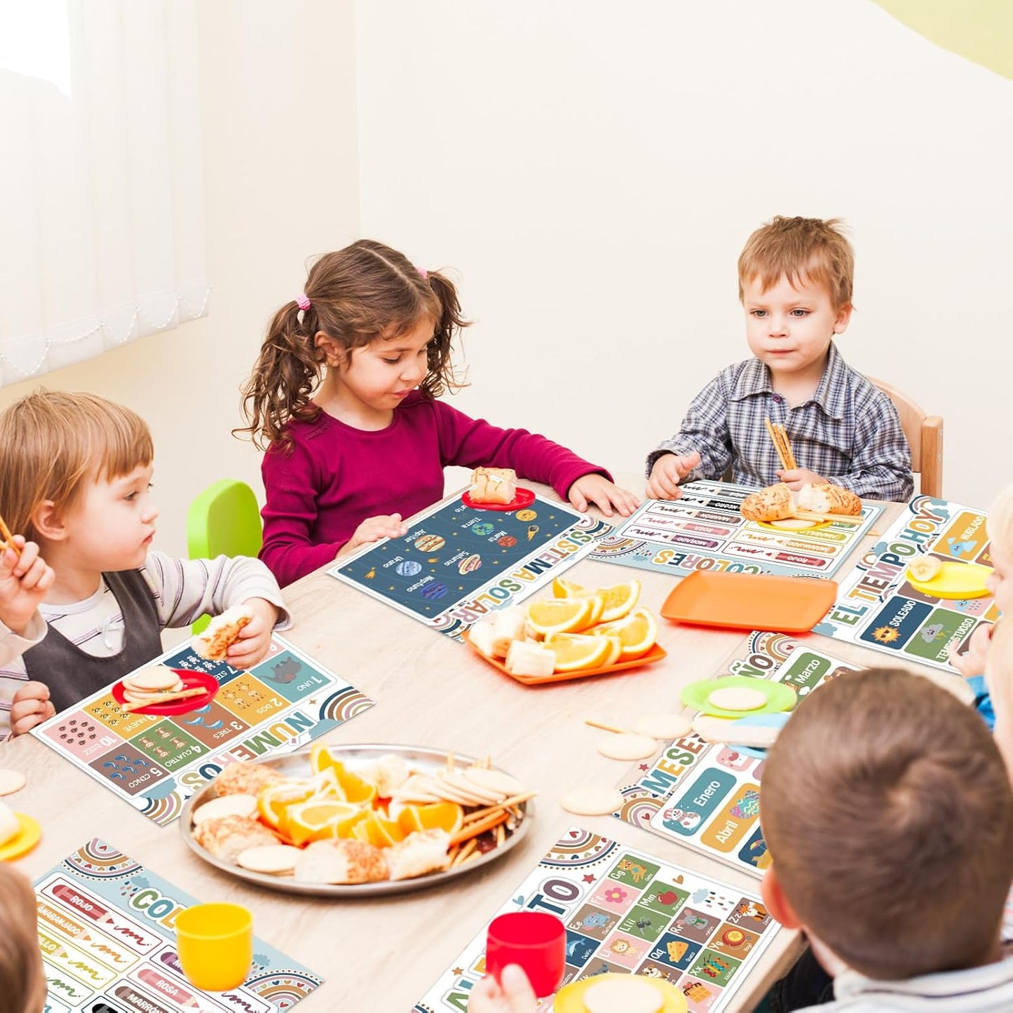 Spanish Educational Preschool Placemats Set of 6 Boho Plastic Table Mats Toddler Children Montessori Place Mats for Kids Washable Vinyl Holiday Table Decoration for Indoor Outdoor Party Kitchen Dining