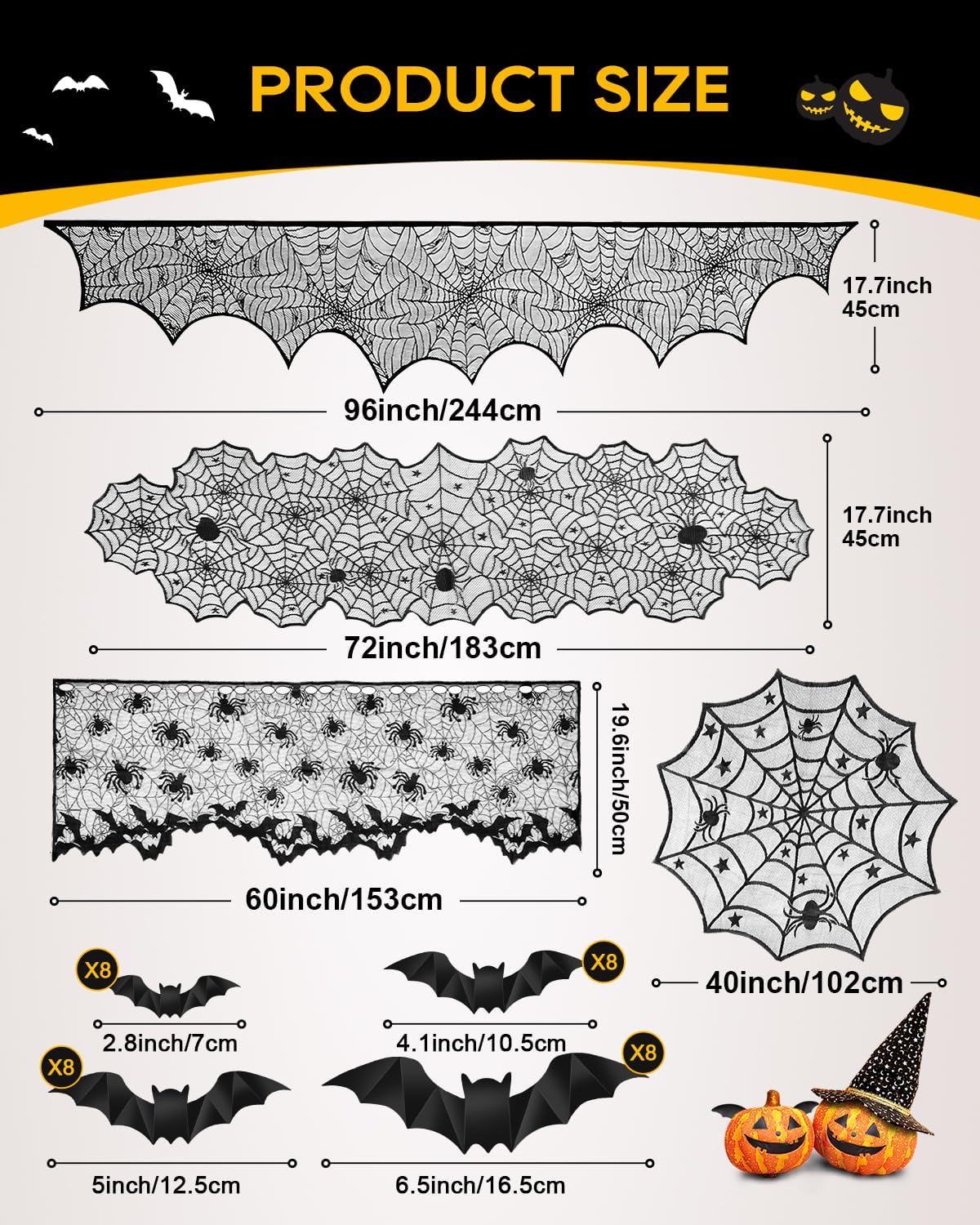 eZAKKA 5 Pack Halloween Decorations Indoor Halloween Spider Web Tablecloth Table Runners Fireplace Mantel Scarf Cobweb Lampshade Scary 3D Bats for Parties Gothic Spooky Home Decoration