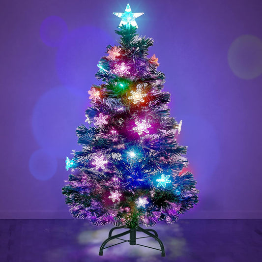 Prsildan 4 FT Artificial Christmas Tree, Pre-Lit Optical Fiber Xmas Trees with Multicolor LED Lights, Snowflakes & Top Star, Lighted Christmas Tree Holiday Home Decor