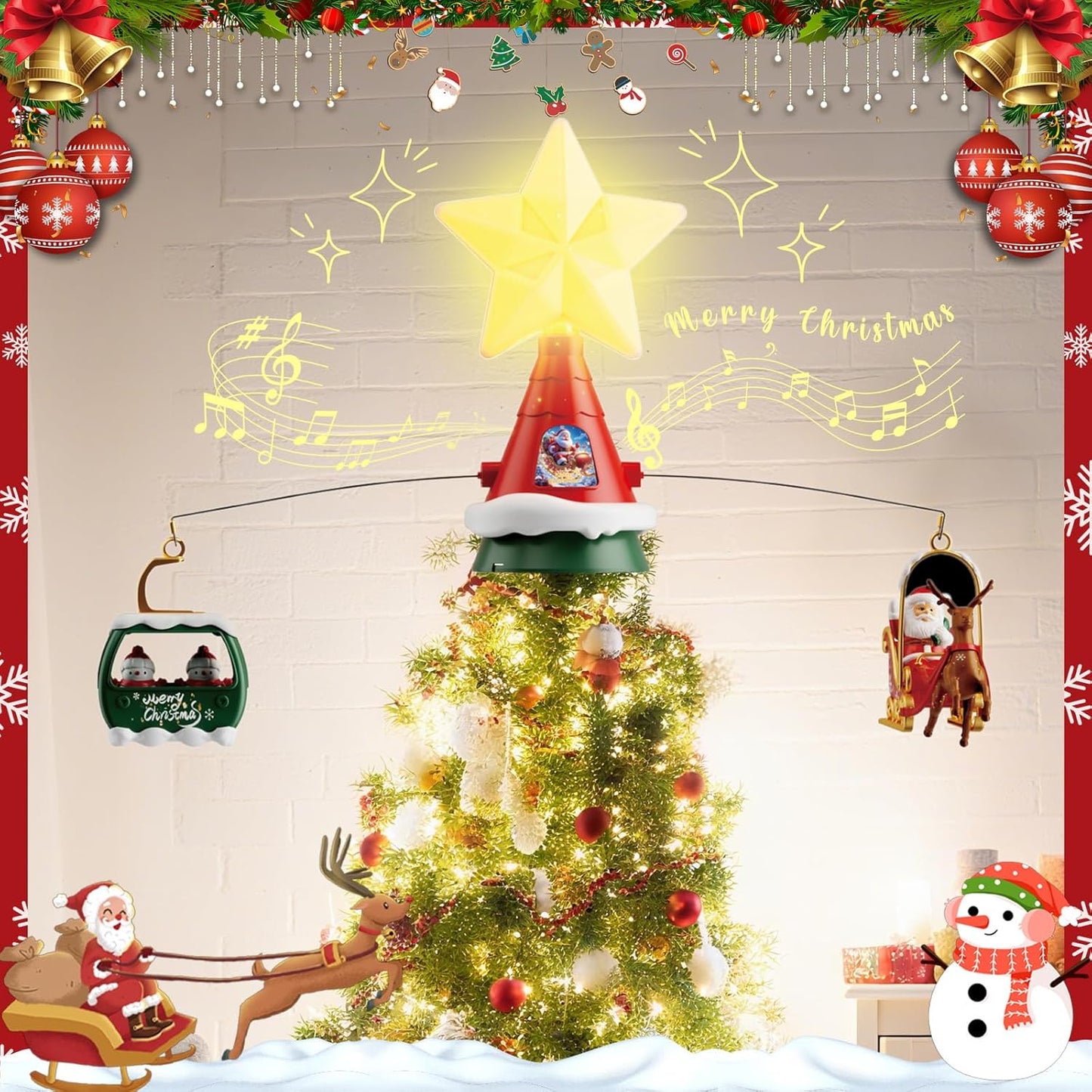 Musical Rotating Christmas Tree Topper with LED Star Light, Santa Sleigh and Cable Car Decorations, USB Powered