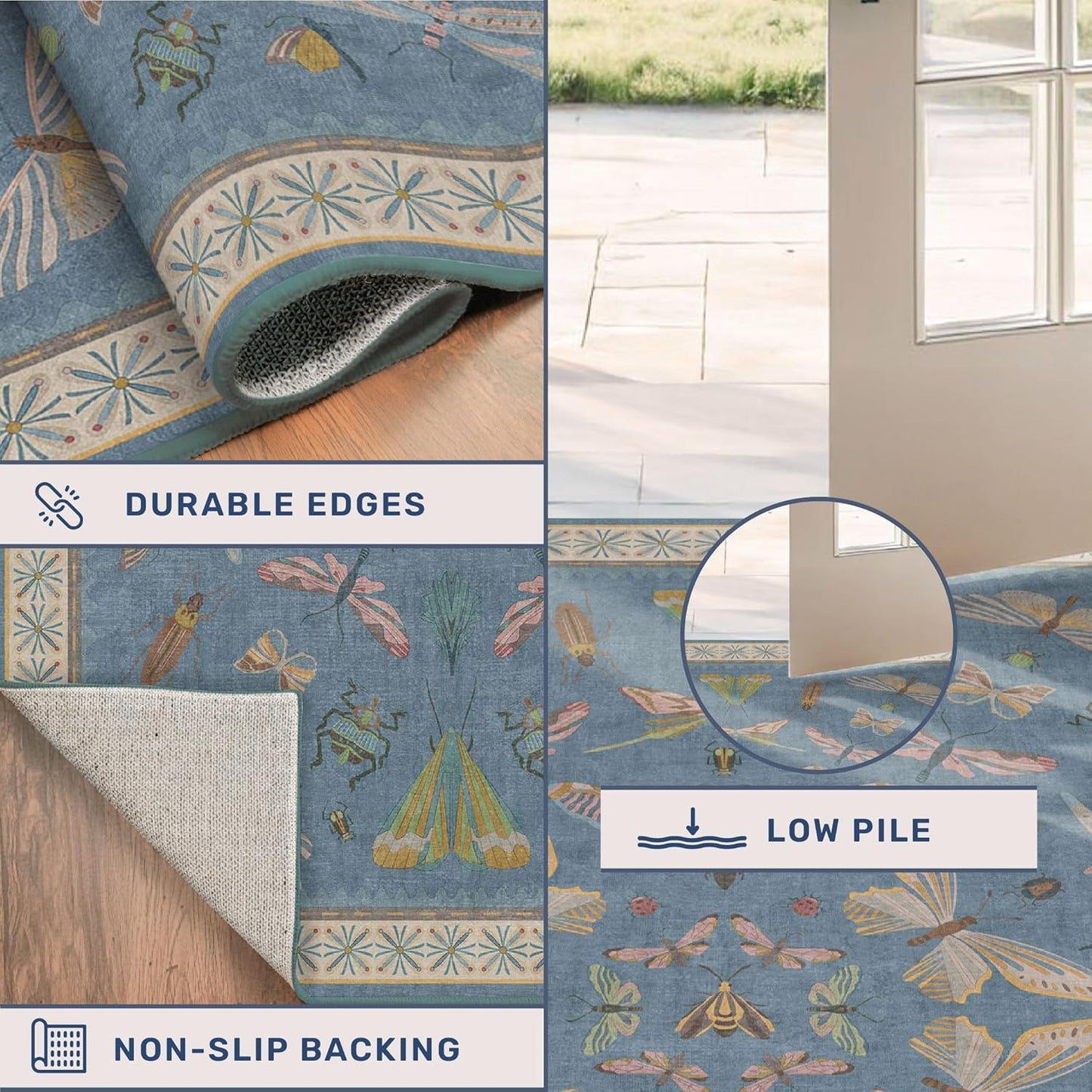 6x9 Blue Floral Rug for Dining Room Table - Area Rugs for Living Room, Bedroom, Insect Moth Art Nouveau Décor, Washable Lightweight Foldable Non Slip