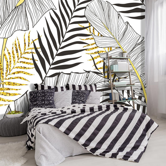 -Black and Gold Tropical Botanical Banana Leaf Fabric Wallpaper Living Room Bedroom Bathroom Abstract Plant Wall Mural- 91"x65"（ not Peel and Stick）