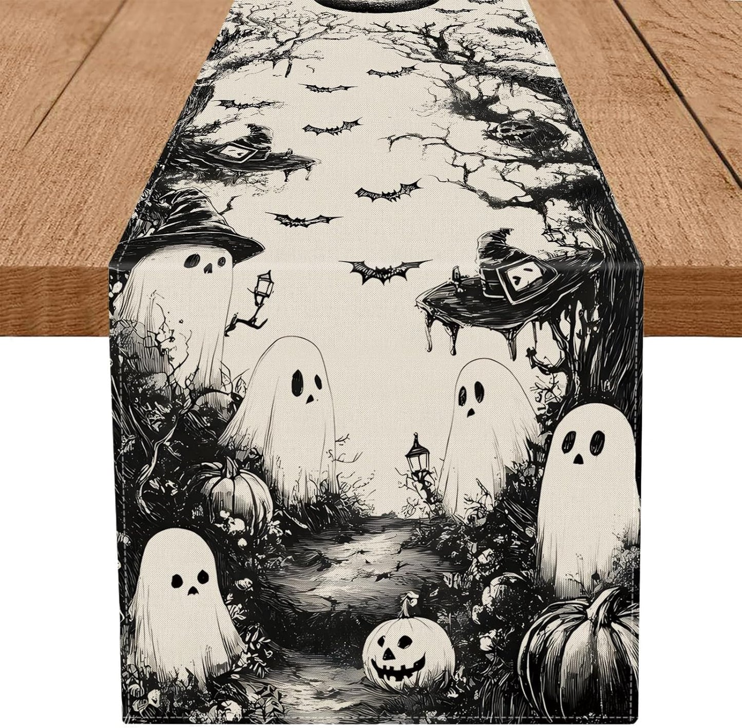 GPGHE Halloween Table Runner Black Ghost Holiday Burlap Table Decoration Indoor Outdoor Home Decor Party Supply 13 x 120 Inch