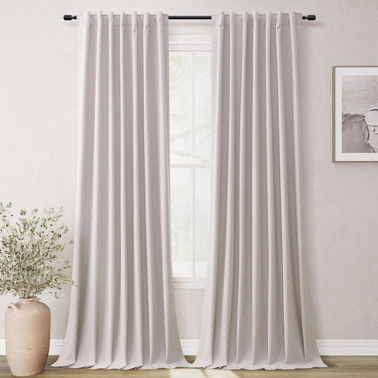 BOODII Full Blackout Curtains 90 Inches Long Room Darkening Curtain for Bedroom Sliding Door Thermal Insulated Black Out Curtains & Drapes Champagne Neutral Linen 2 Panels Set Back Tab 52x90