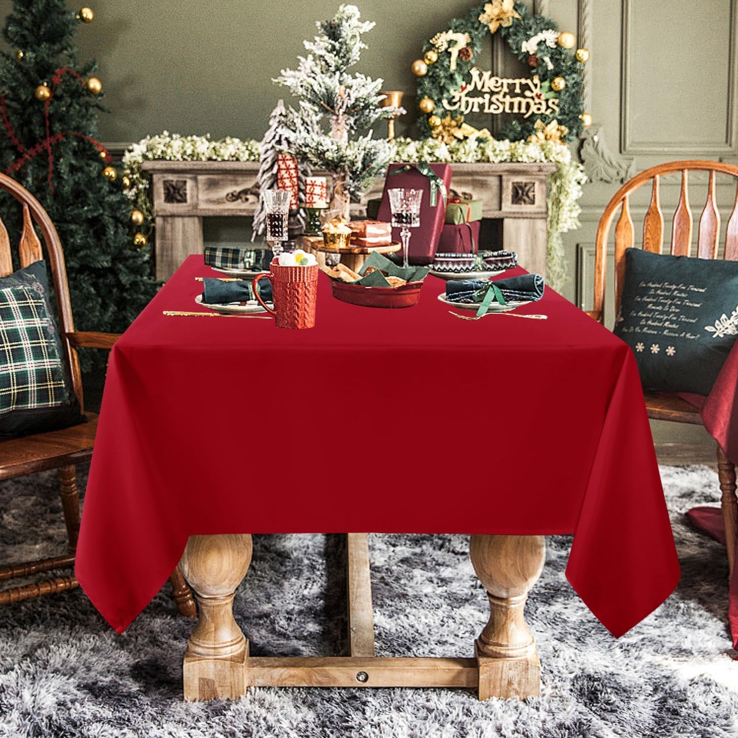 sancua Square Tablecloth - 60 x 60 Inch - Water Resistant Spill Proof Washable Polyester Table Cloth, Decorative Fabric Table Cover for Dining Tables, Buffet Parties, Christmas Red