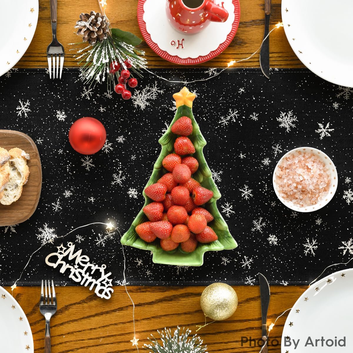 Artoid Mode Snowman Birds Trees Christmas Table Runner, Seasonal Black Winter Holiday Kitchen Dining Table Decoration for Home Party Decor 13 x 108 Inch