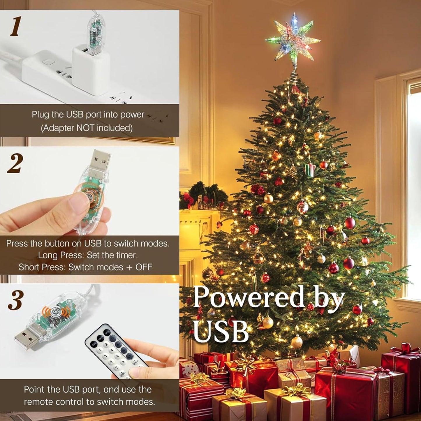 Christmas Star Tree Topper, 3D Geometric Star Decorative Treetop with Colorful 50 LED Light Beads for Home Holiday Xmas Tradition, Timer Function, Silver