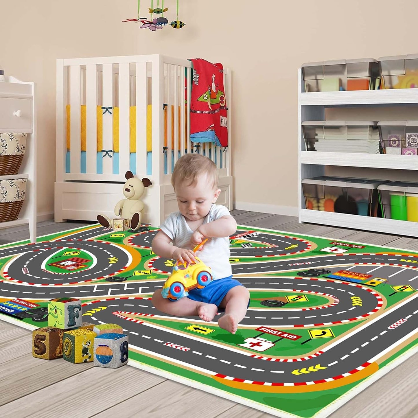 Kids Rug Race Track Play mat Playroom Rug Car Rugs for Kids Toy Cars Road Rugs for Kid Classroom (Race-Green, 2.6x3.9ft)