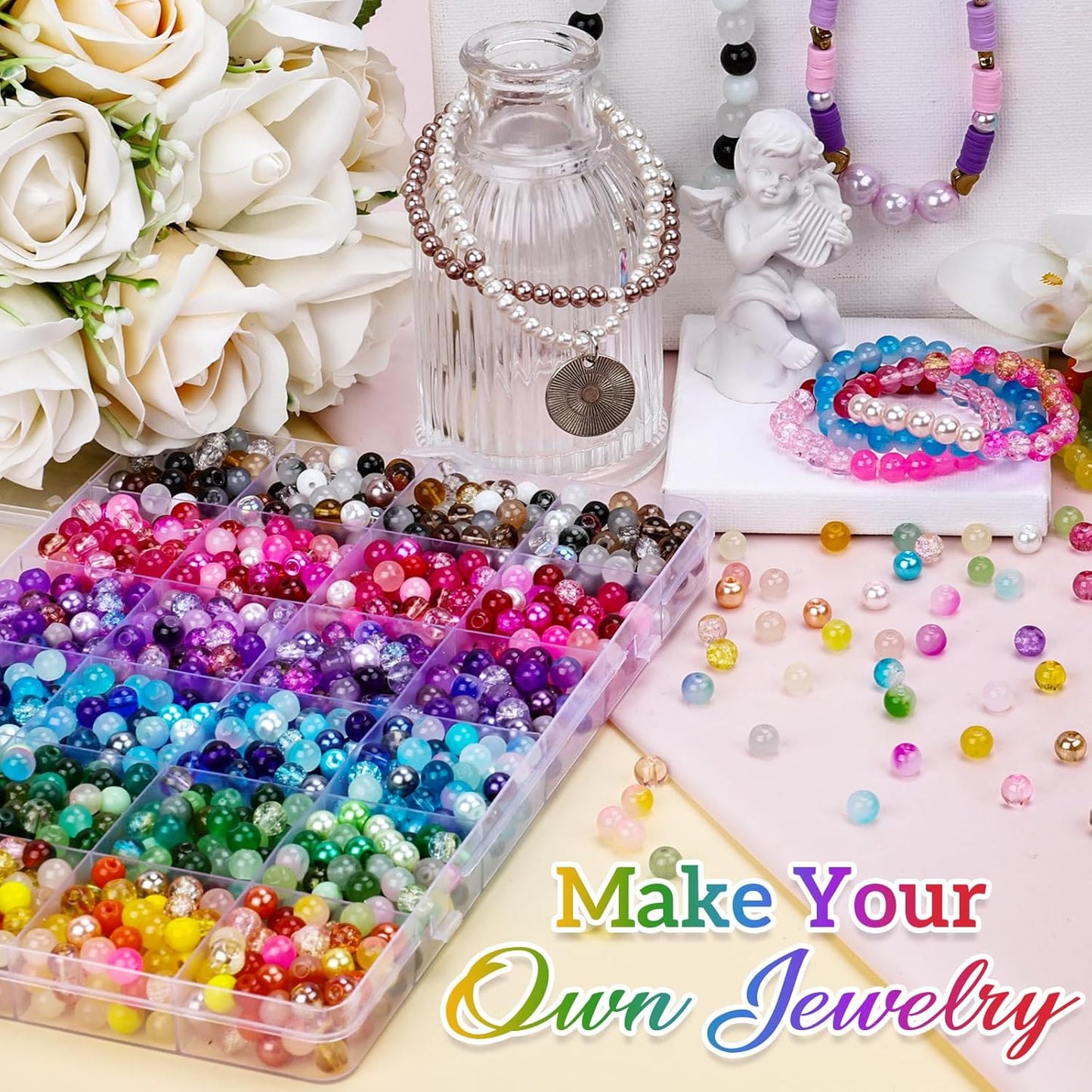 XSEINO About 1200PCS 6mm Glass Beads Bracelet Making Set, 144 Color Colorful Round Style Glass Beads for Bracelet and Jewelry Making and DIY Crafts,Friendship Bracelets