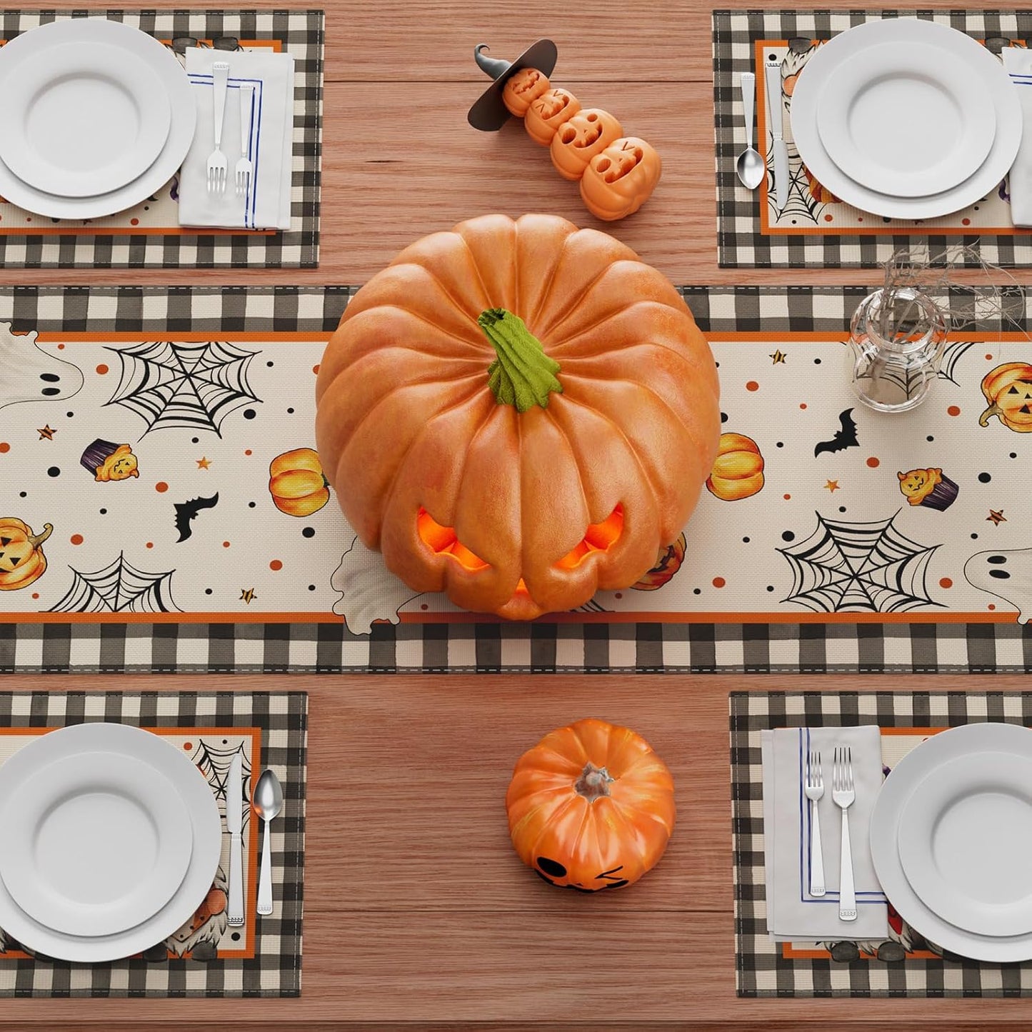 XCHI Spooky Boo Plaid Gnome Halloween Table Runner Party Table Decoration for Home Kitchen Dining Holiday Decor 13x72 Inch
