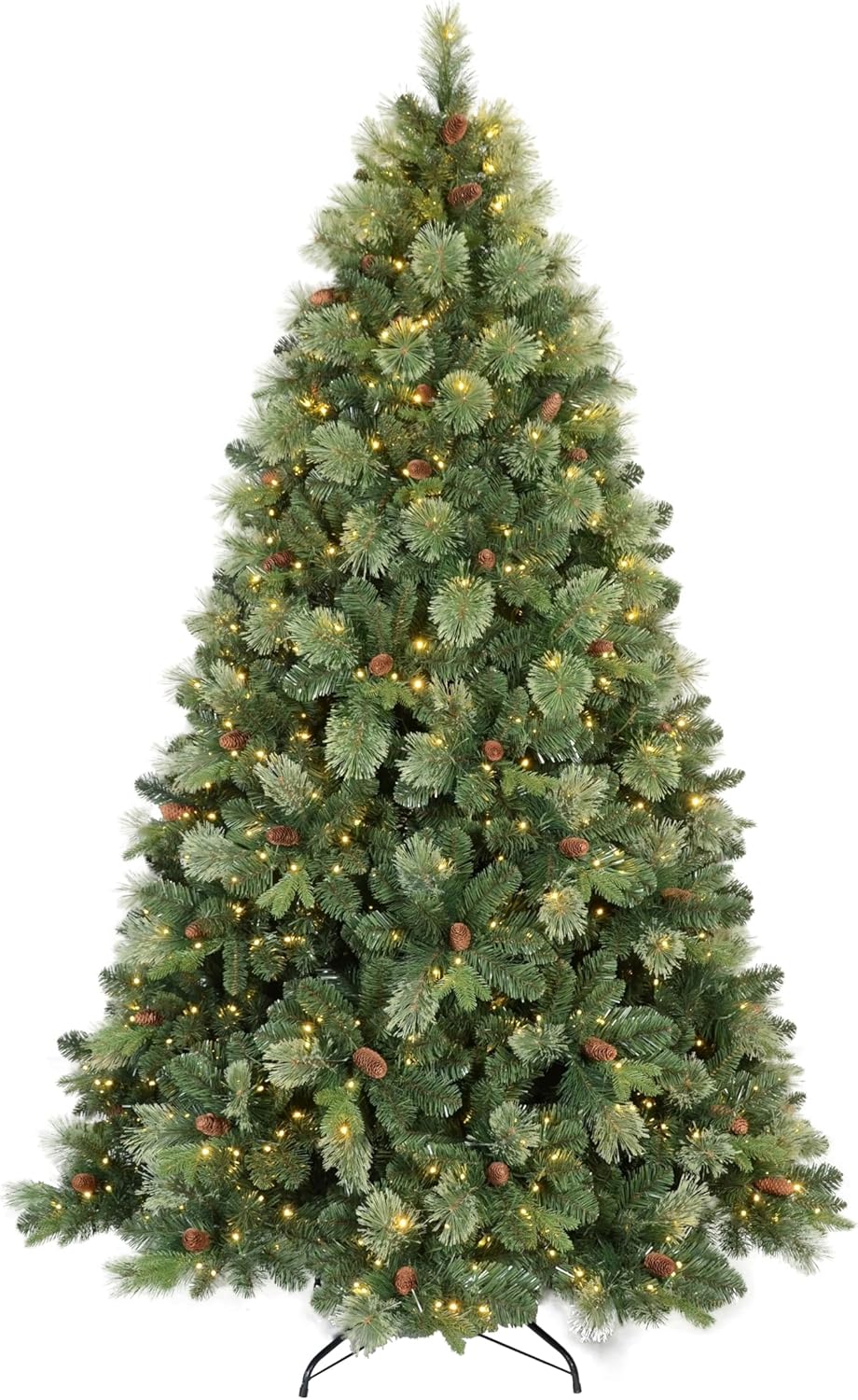 Kadunmina 8ft Prelit Christmas Tree, Artificial Carolina Pine Christmas Tree with 820 Warm White Lights, Pine Cones, 1897 Branch Tips and Metal Stand for Home, Office, Holiday Party Decoration