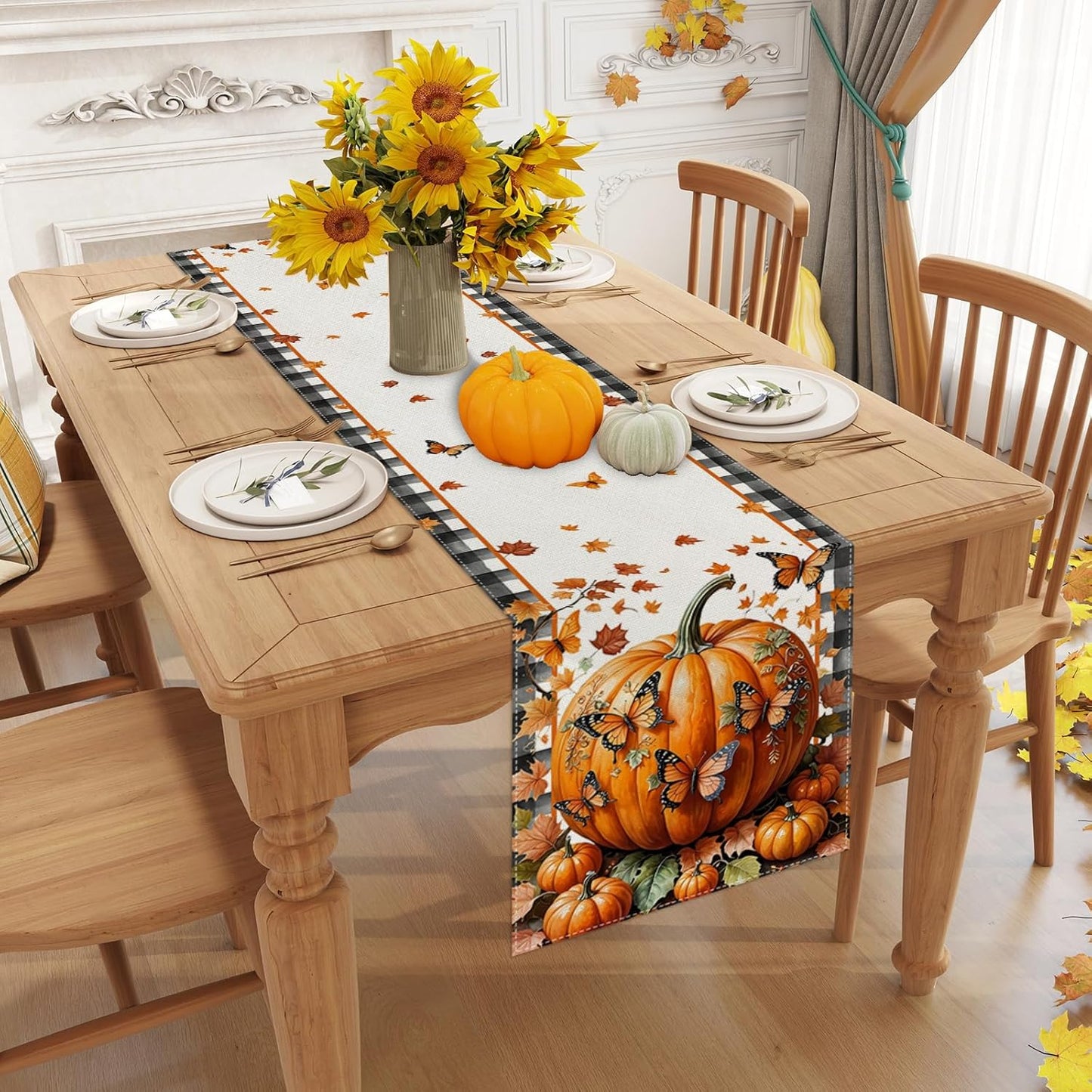 Linen Black and White Buffalo Check Plaid Fall Table Runner 108 Inches Long, Fall Leaves Pumpkin Butterfly Home Kitchen Table Decor, Farmhouse Autumn Thanksgiving Harvest Festival Decorations for Home