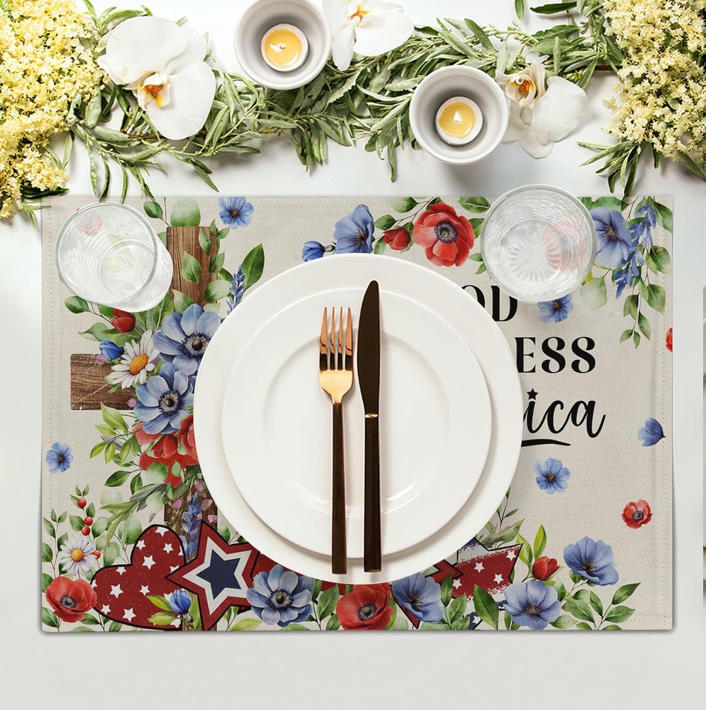 4th of July Placemats Set of 4 Patriotic Floral Cross Stars Independence Memorial Day Place Mats 12x18 Inch God Bless America Linen Fabric Table Mats for Party Kitchen Dining Decoration