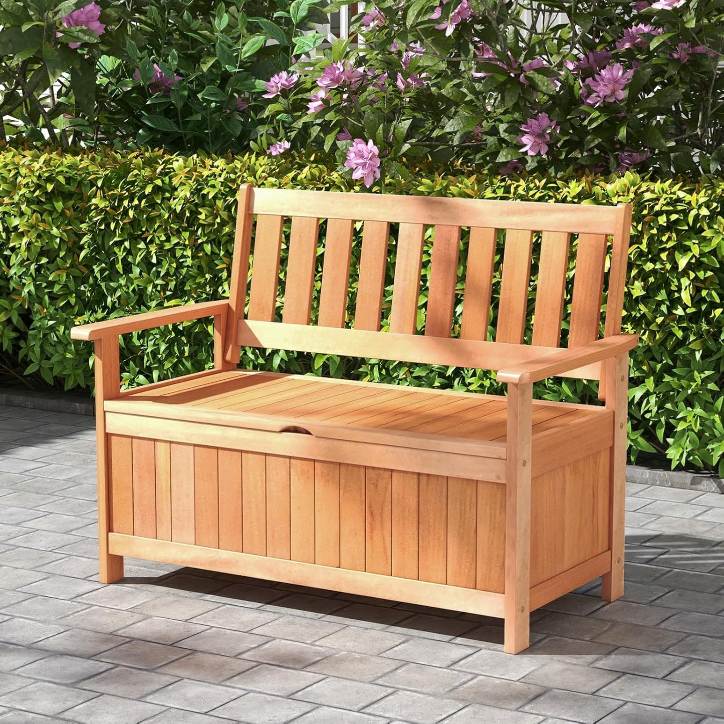 Tangkula 48 Inch Outdoor Wood Storage Bench Deck Box, Wooden Storage Loveseat with 34.2 Gal Inner Space, Entryway Bench Deck Box with Slatted Backrest, Storage Seat for Garden, Lawn, Balcony & Porch