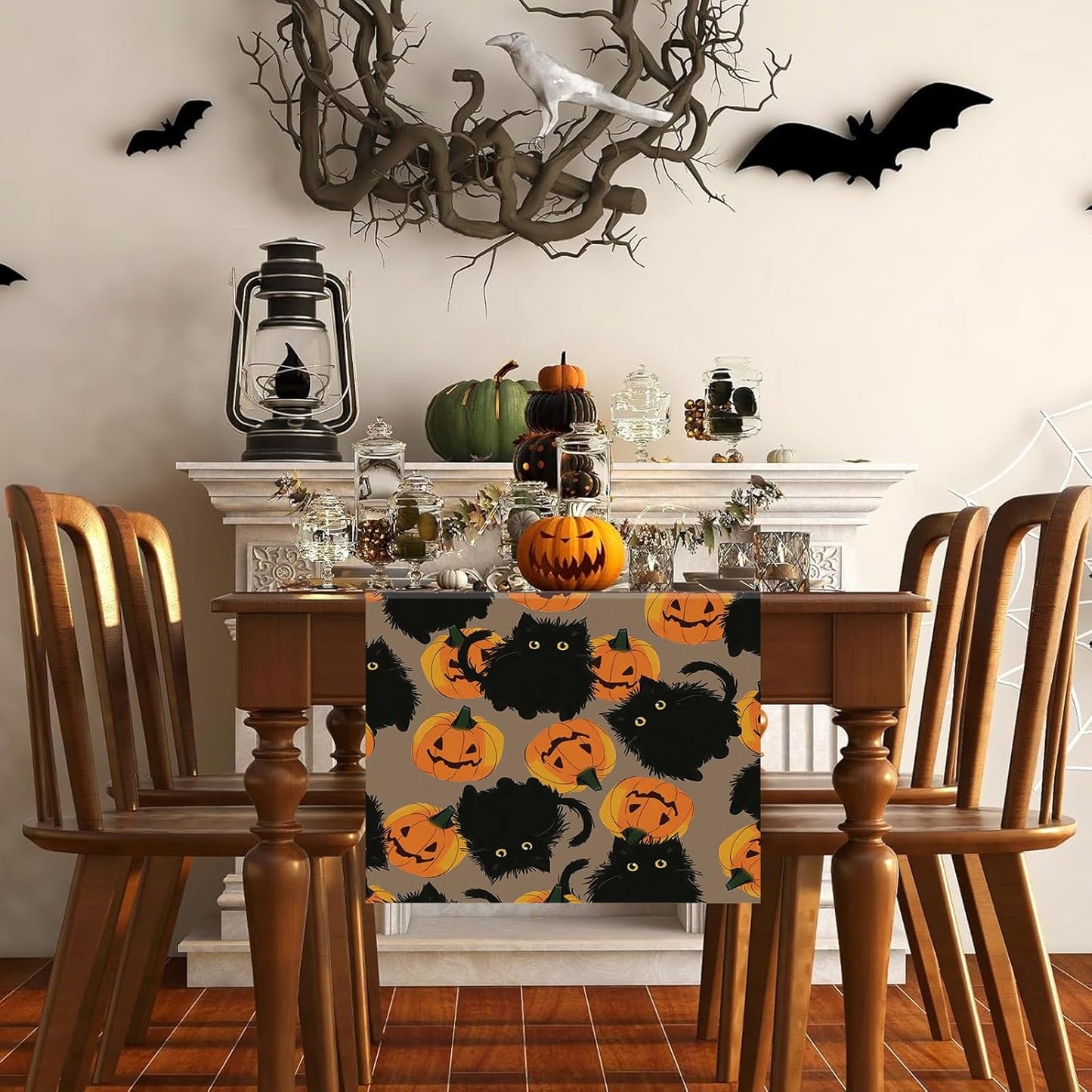 Halloween Table Runner Black Cat Pumpkins Seasonal Kitchen Dining Table Home Outdoor Party Decorations 13x90 Inch