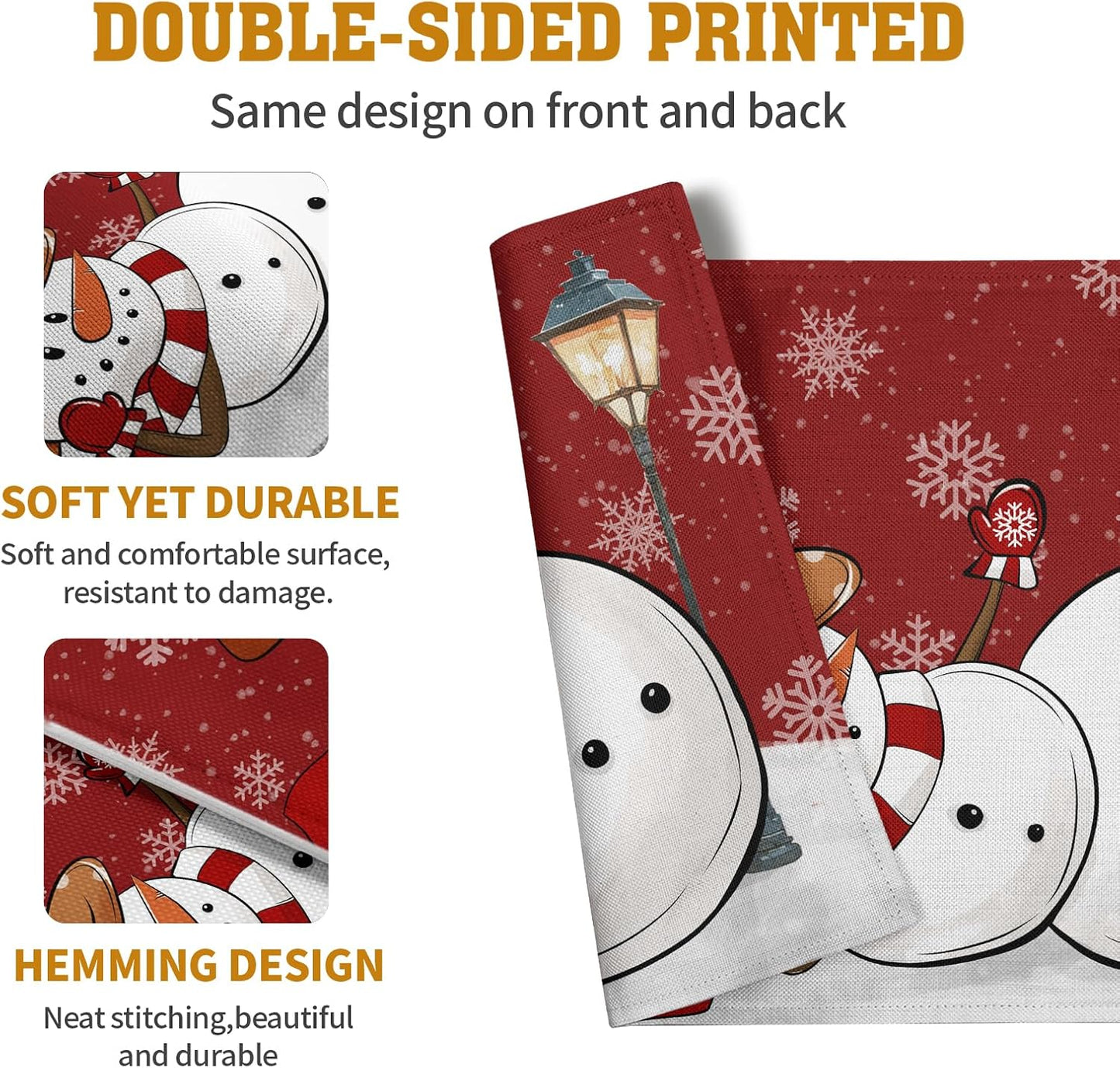 Red Snowman Snowflake Christmas Placemats Set of 4 Seasonal Winter Linen Table Mats 12x18 Inch Xmas Holiday Snow Farmhouse Rustic Washable Place Mat for Party Kitchen Dining Outdoor Indoor Decor