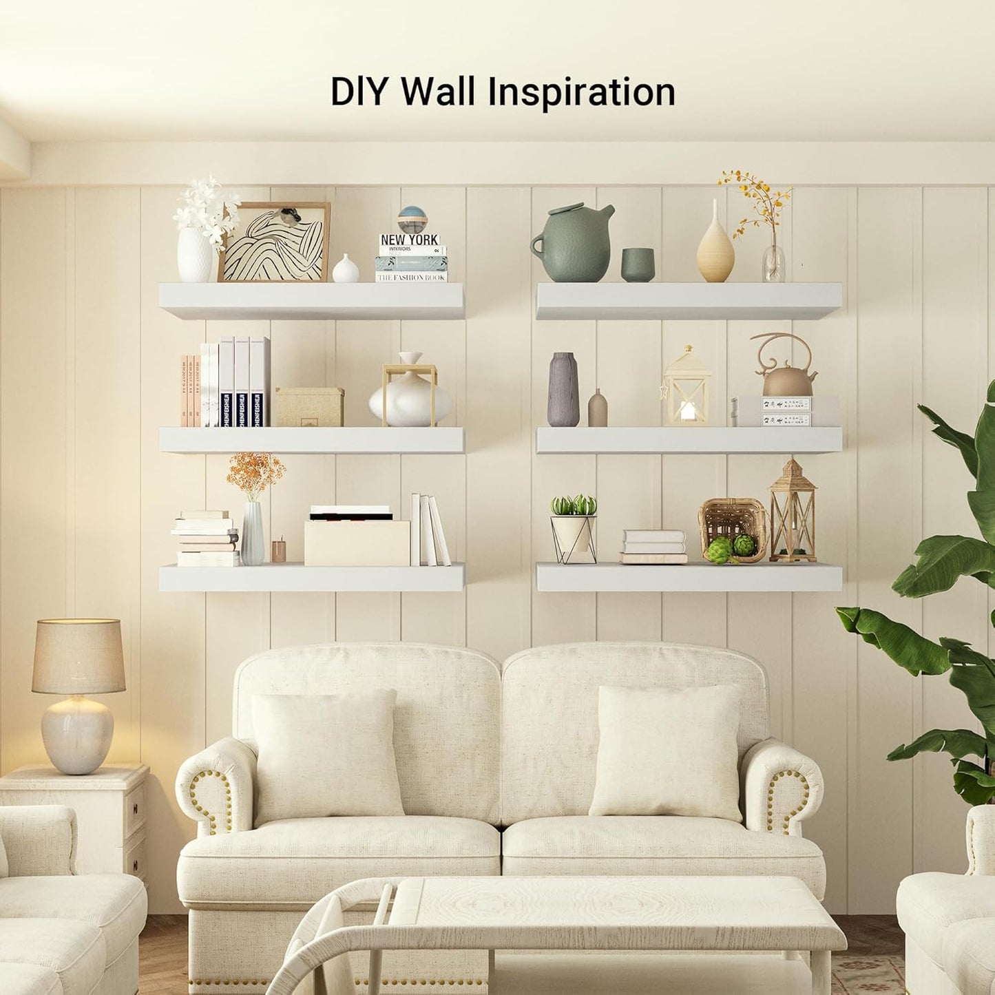 Heimlove 12 Inch Deep Floating Shelves, 48 x 12 inches Long, Large Display & Storage Shelf, Rustic Wood Wall Shelves for Fireplace Mantel, Set of 1(White)