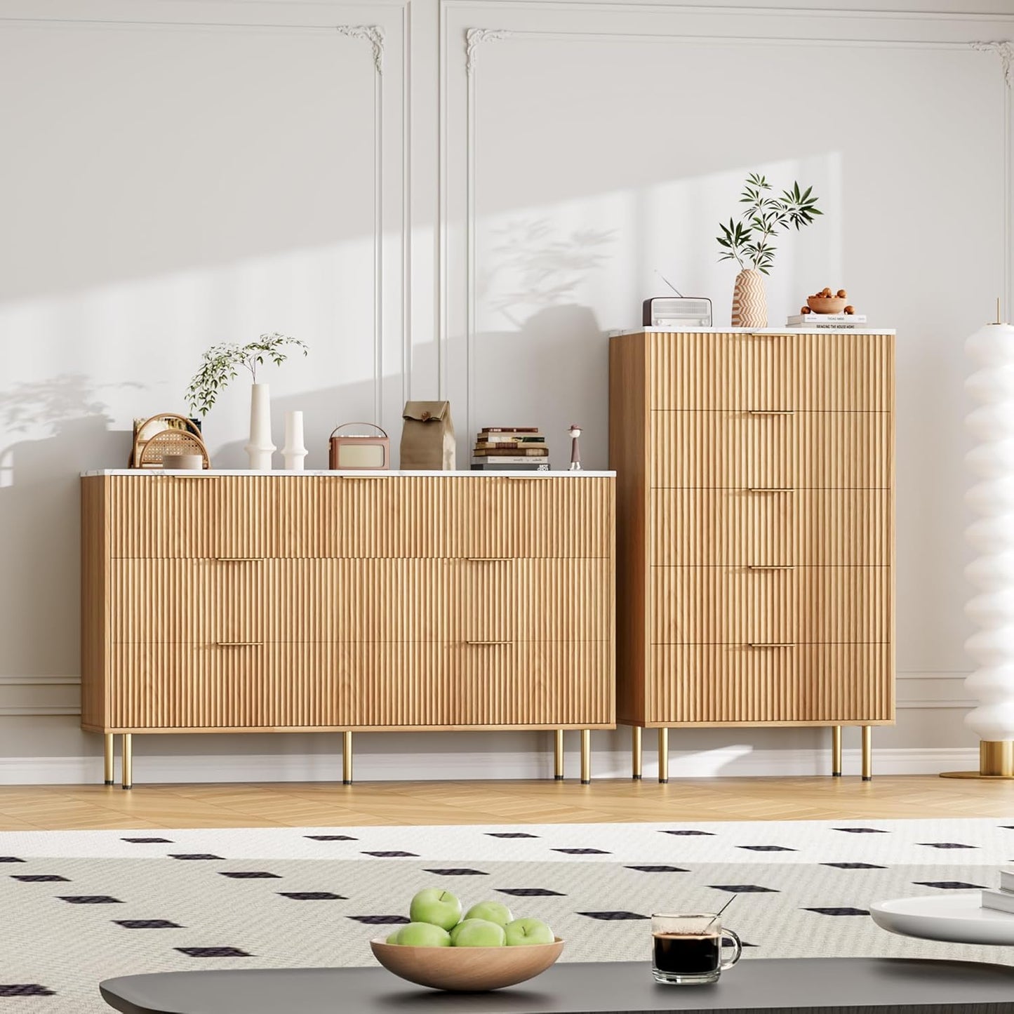 Fluted Wood Dresser 5 Drawers Dresser for Bedroom, Modern Chest of Drawers, Tall Brown Dresser with Faux Marble Top and Gold Handle, Wood Drawer Organizer for Bedroom, Living Room, Hallway, Entryway