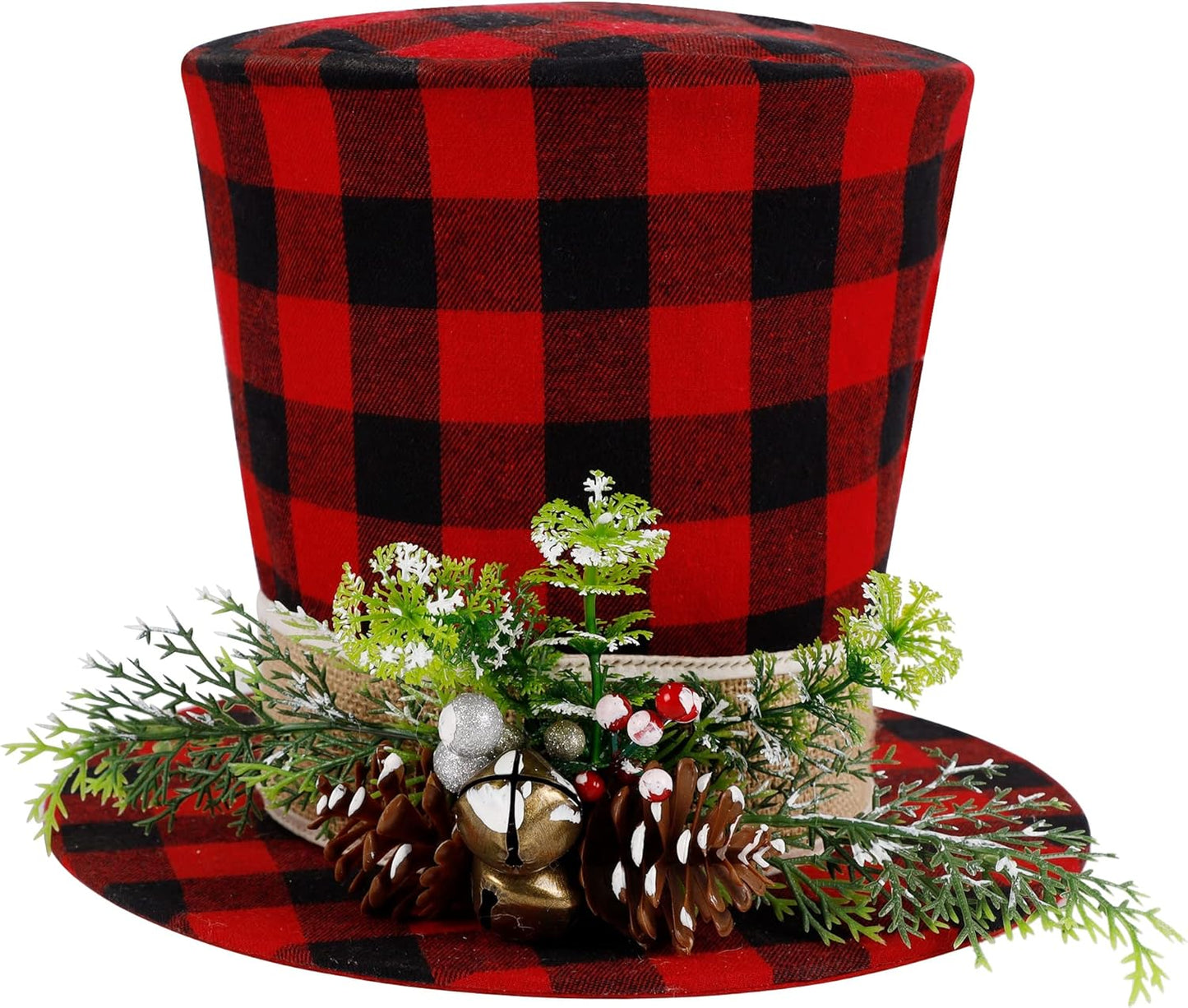 Prsildan Christmas Plaid Top Hat Tree Topper with Pine Cones, Berries, and Bells - Holiday Decor