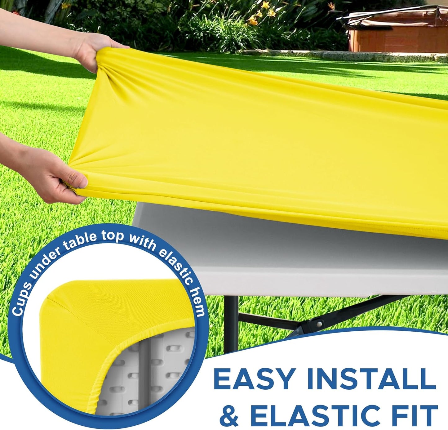 Fitted Tablecloth for 8 Foot Rectangle Tables-6 Pack Yellow Elastic Outdoor Picnic Table Cover-Spandex Stretch Folding Table Cloths 8ft for Camping Dining Room Patio Kitchen Banquet Party