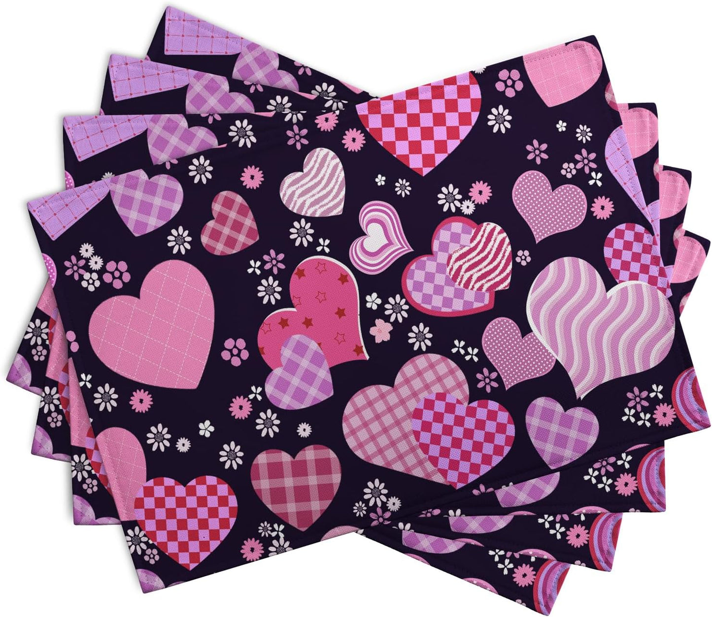 Pink Love Hearts Valentine's Day Placemats Set of 4 Seasonal Valentines Anniversary Wedding Linen Table Mats Pink Black Washable Place Mats for Party Kitchen Dining Outdoor Indoor Decor 12x18 Inch